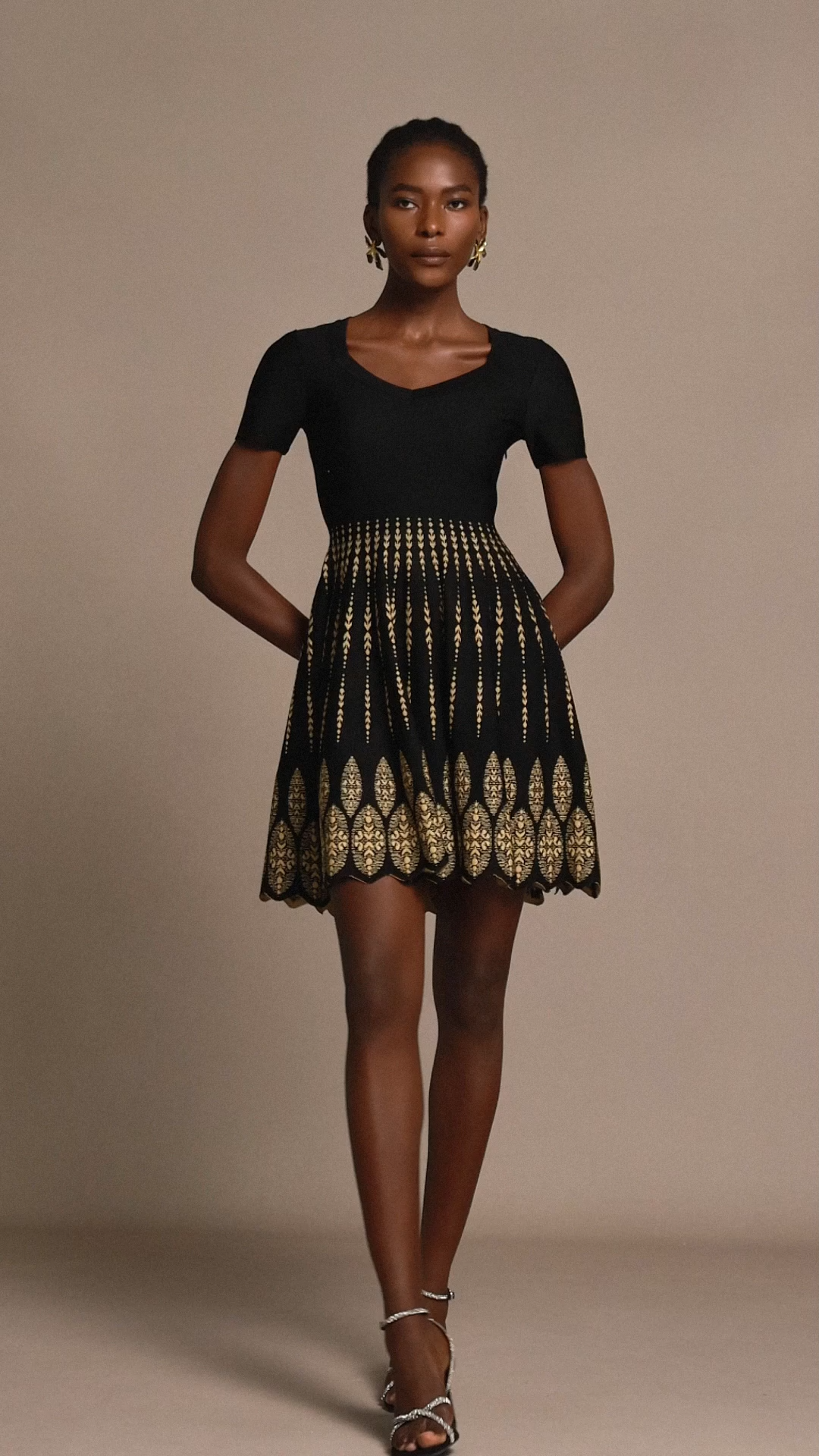 Emilee Short Sleeves Round Neck Jacquard Mini Dress