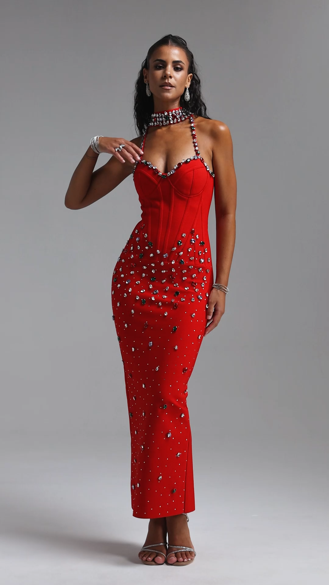 Zaniyah Glamorous Contour Halter Sweetheart Crystal Bandage Maxi Dress