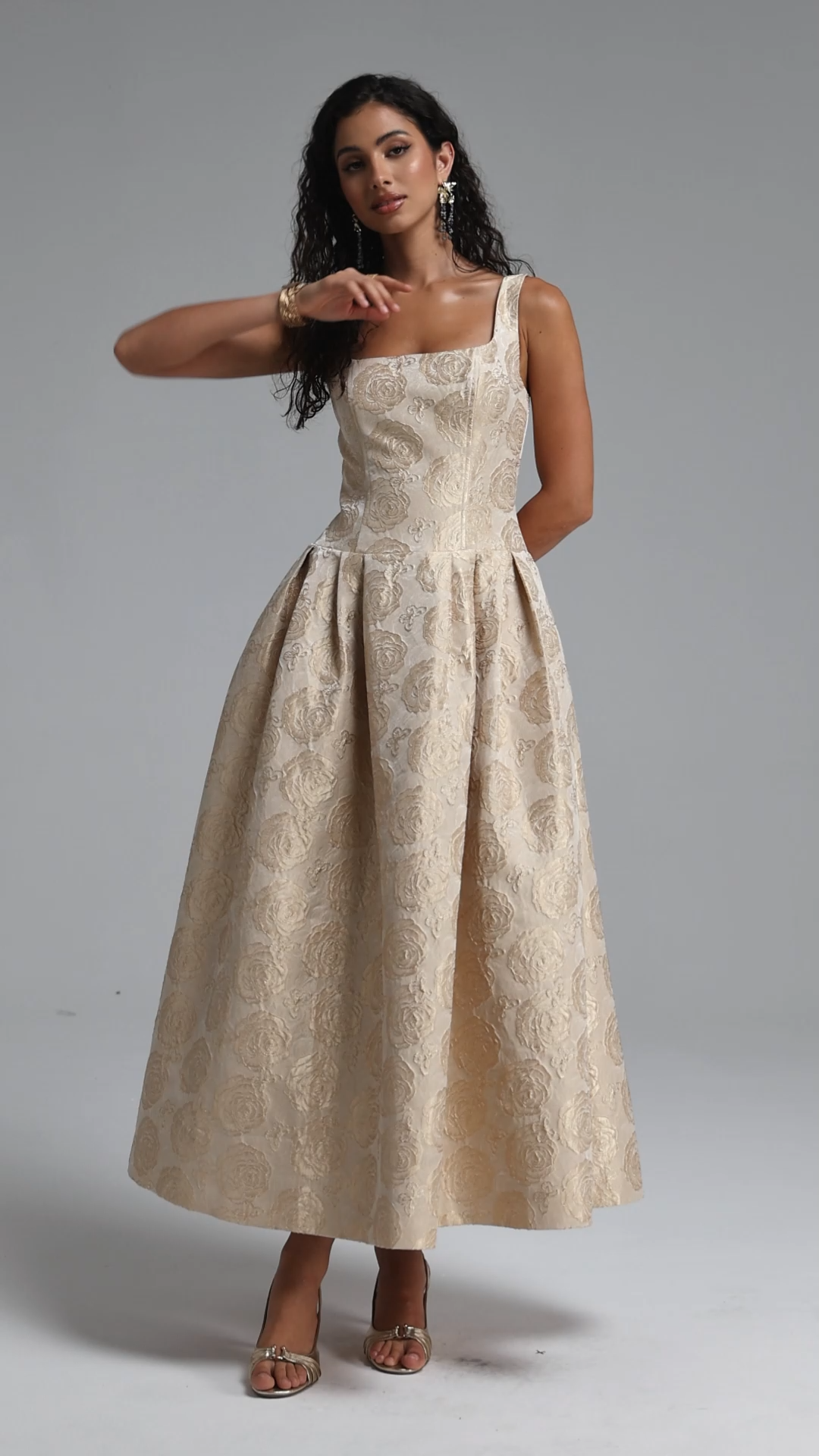Rahel Classic Tailored Square Neck Floral Jacquard Woven Maxi Dress
