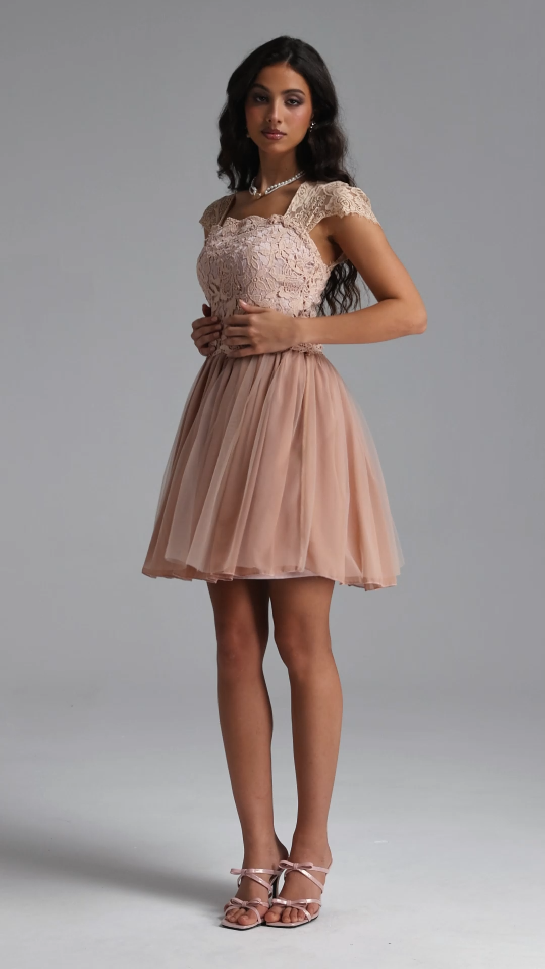 Guga Resort Cinched Short Sleeve Lace Tulle Mini Dress