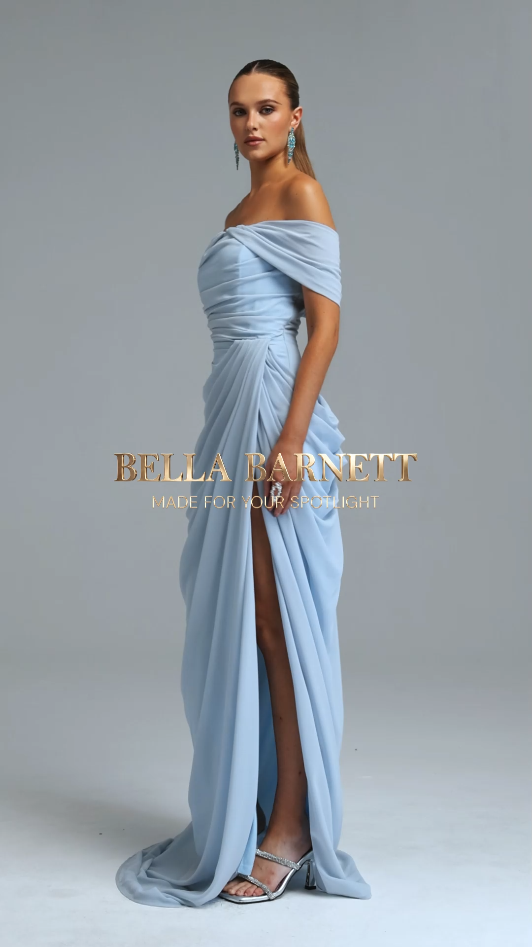 Tazeda Elegant Contour Off Shoulder Ruched Slit Mesh Maxi Dress