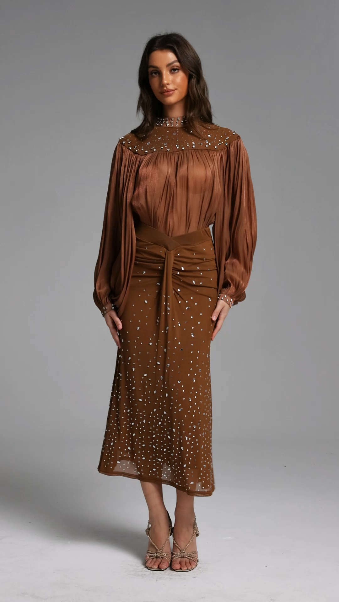 Odelia Elegant Flowy Long Sleeve Rhinestone Ruched Top and Skirt Set