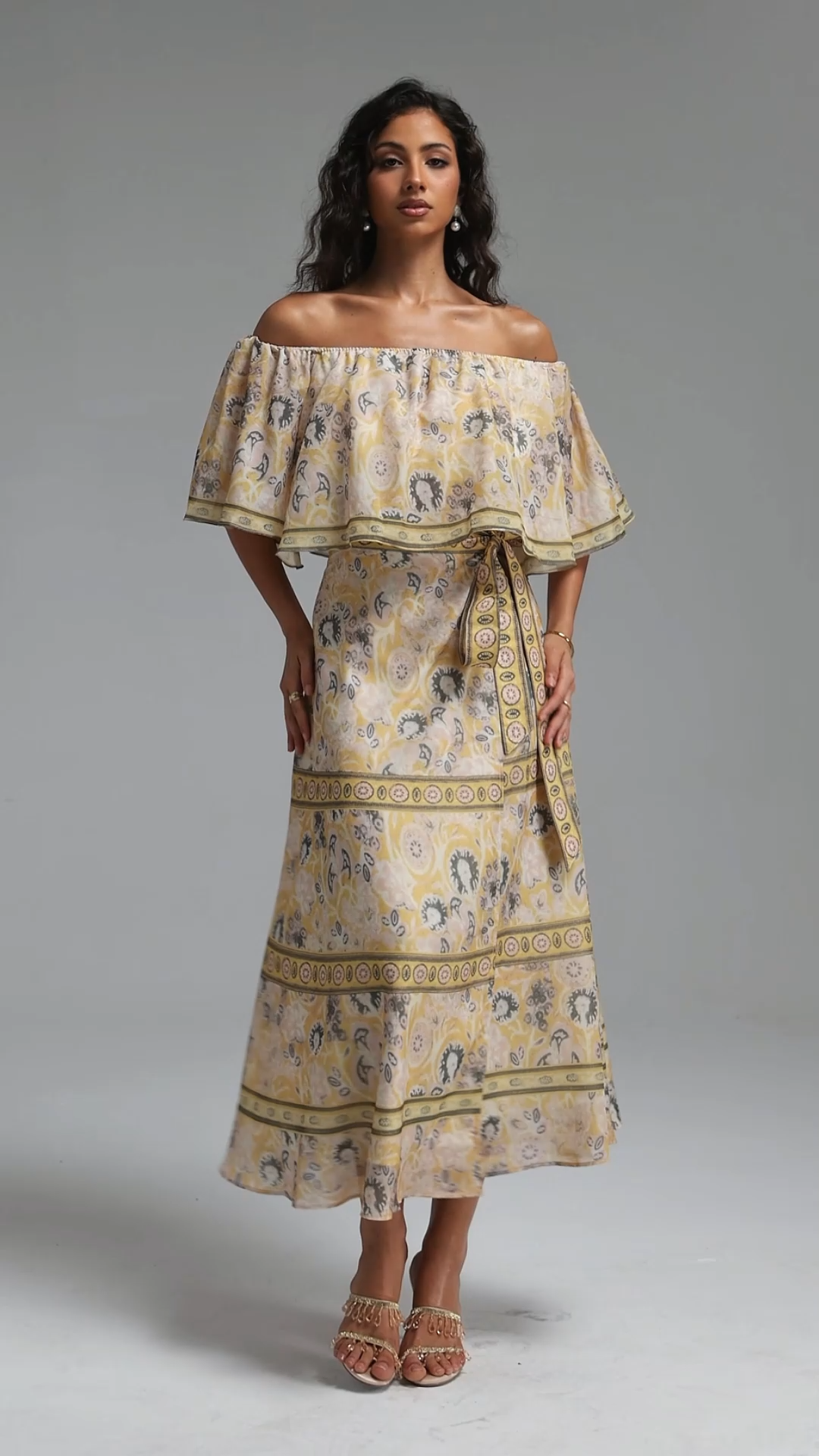 Opala Resort Flowy Off Shoulder Print Chiffon Top and Skirt Two Piece Set