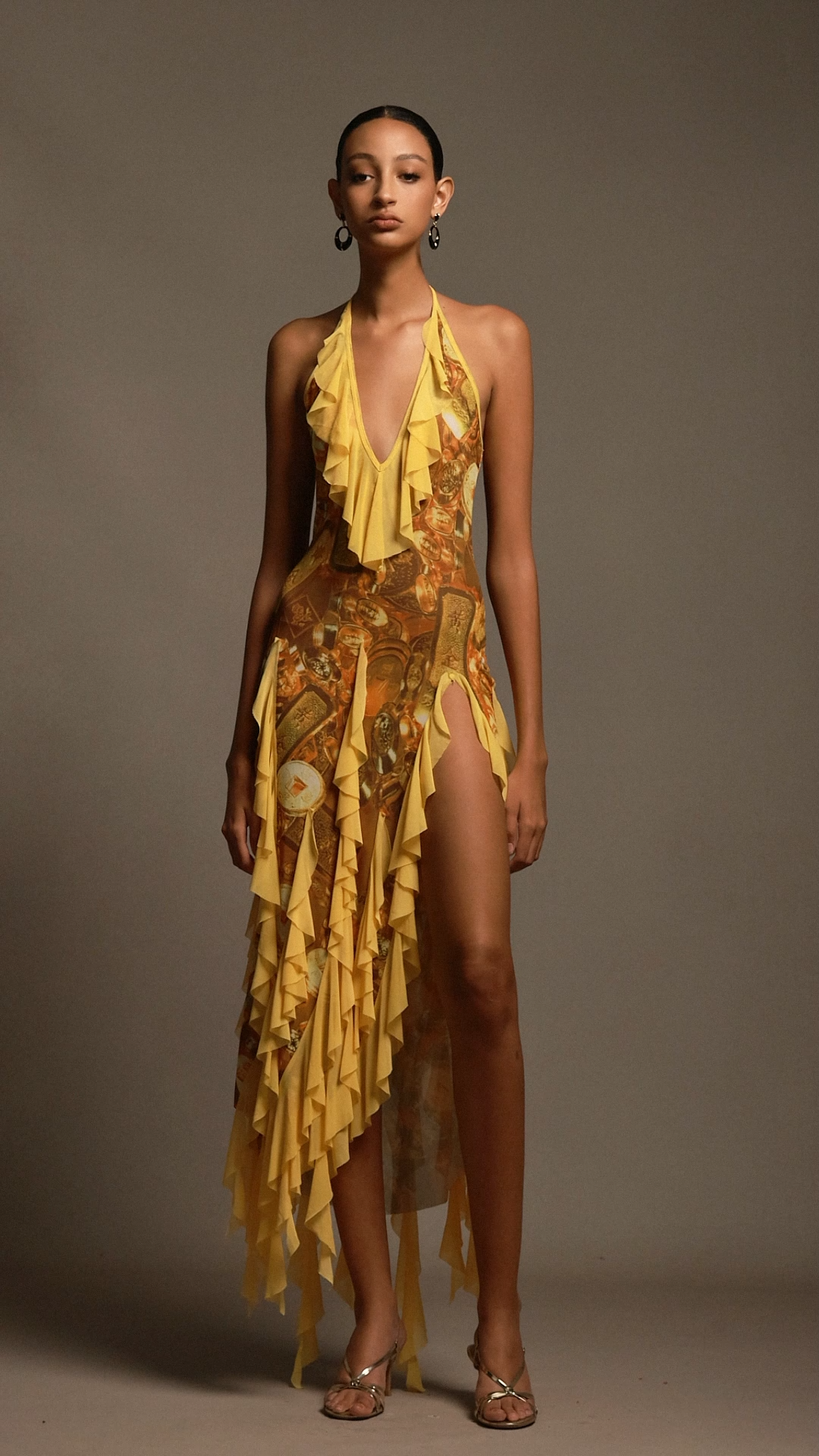 Uri Halter Sleeveless Flounce Printing Maxi Dress