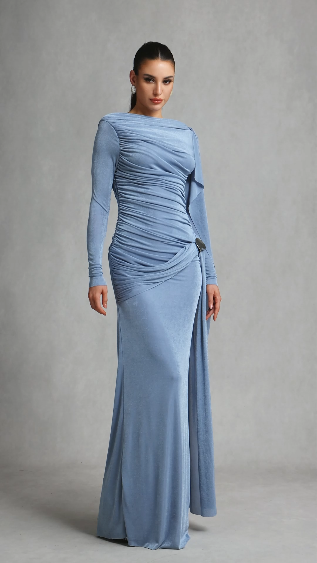 Tihila Long Sleeve Ruched Blue Maxi Dress