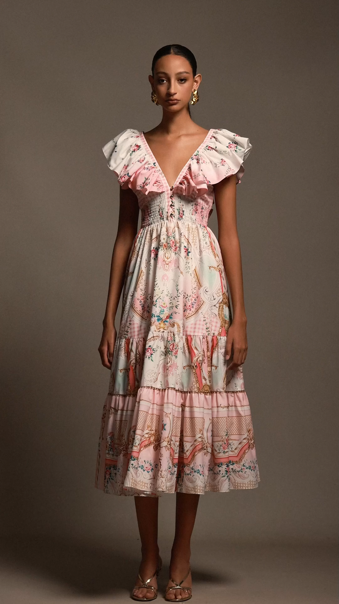 Sagona Sleeveless Floral Printed Folds Midi Dress