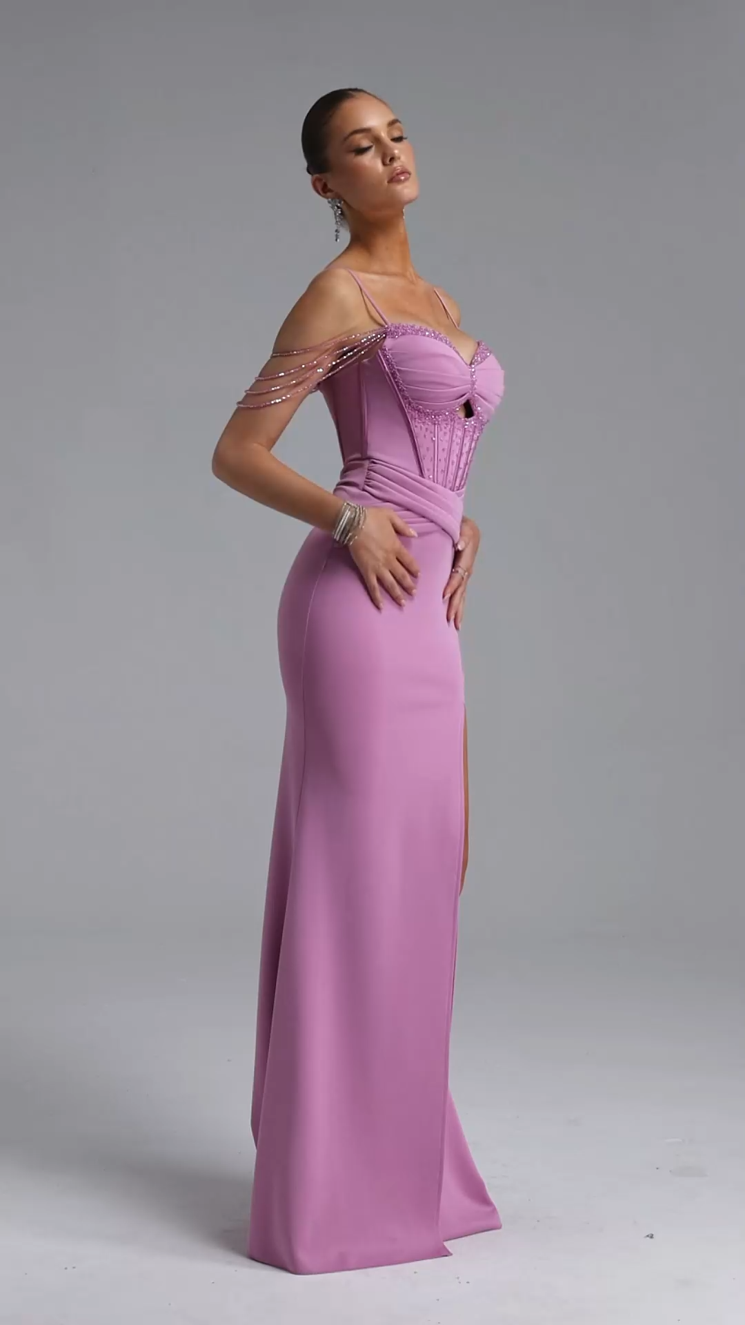 Suri Elegant Contour Cut Out Pleated Crystal Purple Maxi Dress