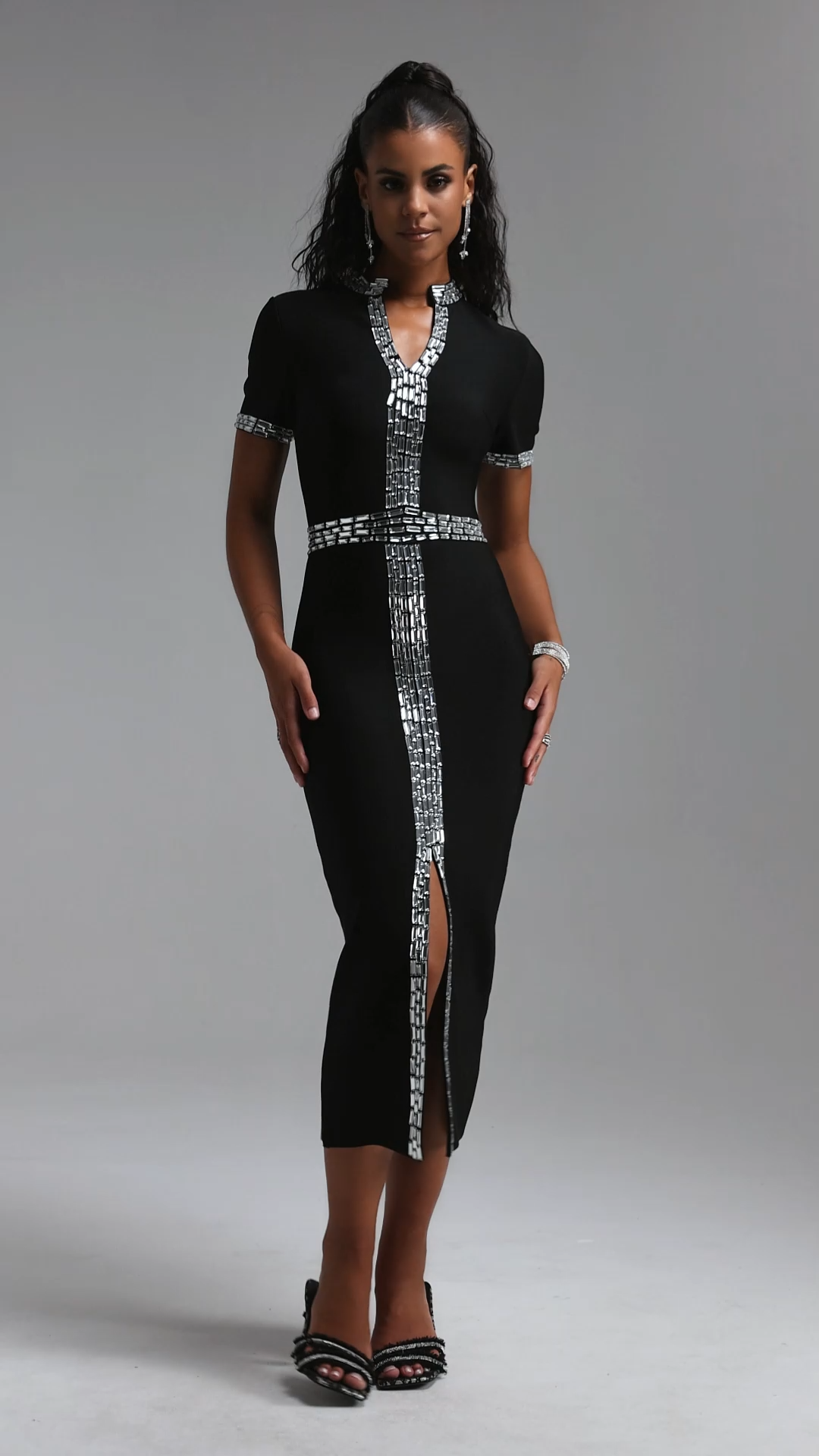 Elosie Classic Short Sleeve Rhinestone Slit Bandage Midi Dress