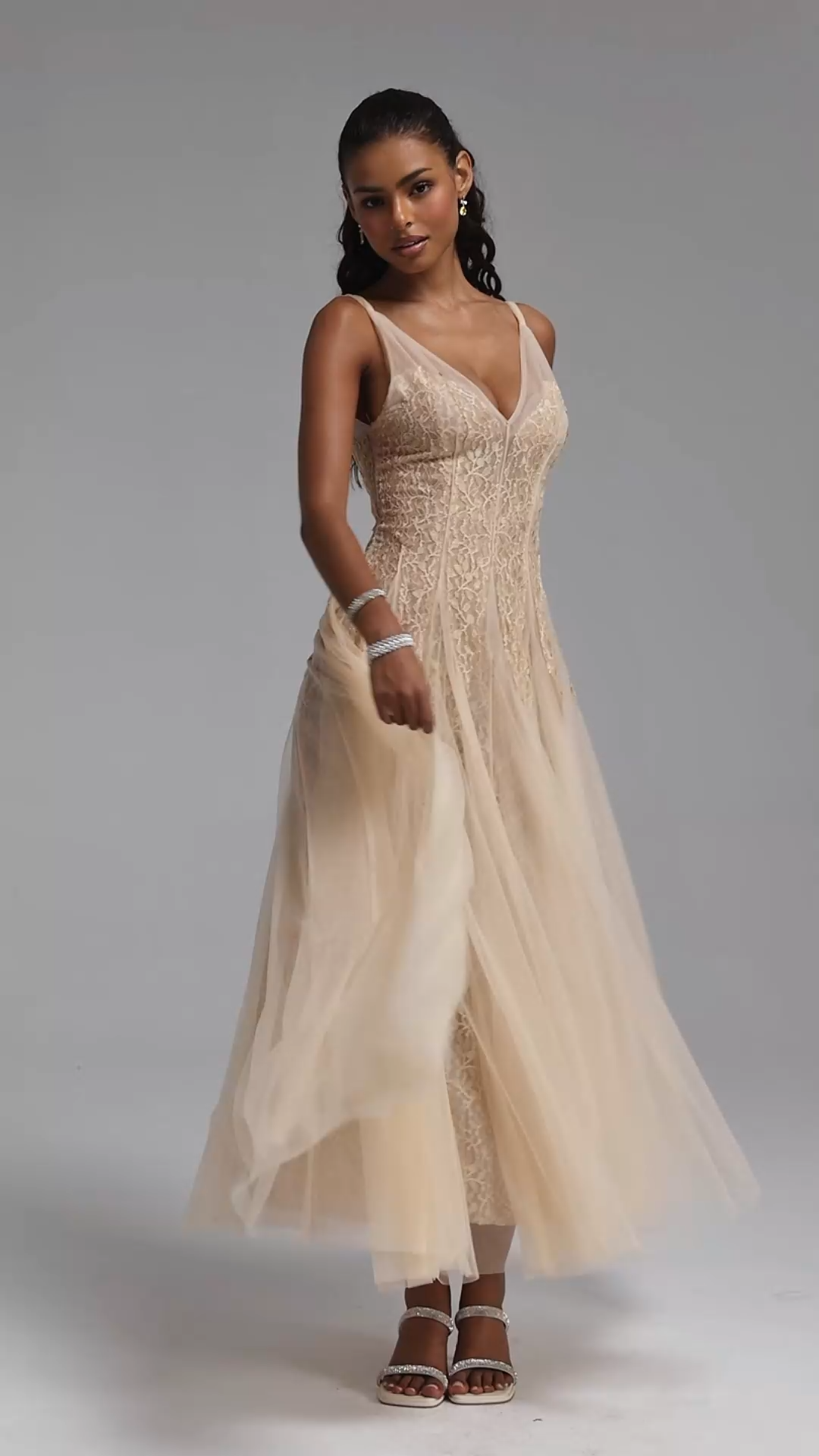 Daryl Romantic Flowy V Neck Spaghetti Strap Floral Lace Maxi Dress