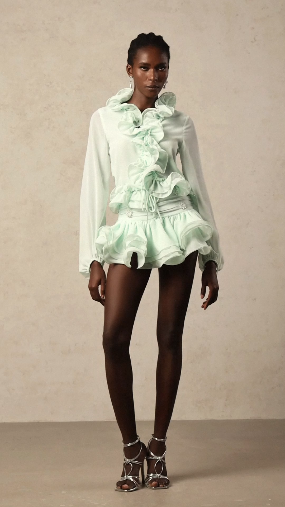 Felixa Long Sleeves Folds Diamond Top And Skirt Two-Piece Set