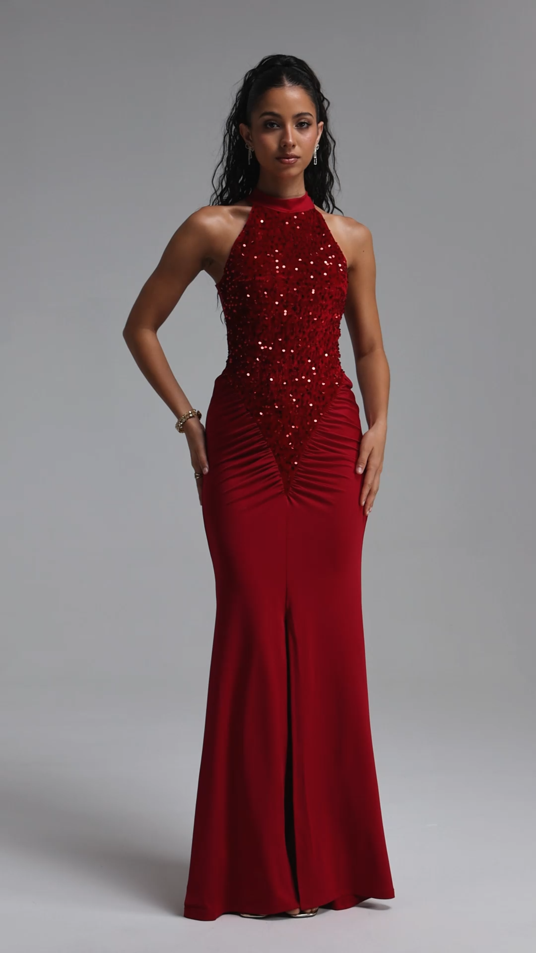 Octavia Elegant Contour Sleeveless Slit Sequin Woven Red Maxi Dress