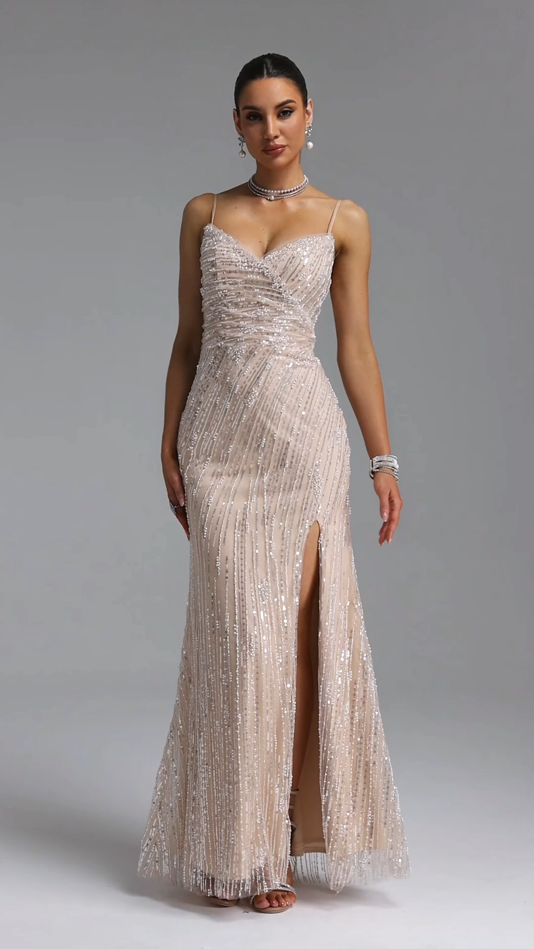 Ganera Light Luxury Slim Thin Strap V-Neck Twill Sequin High Slit Mermaid Maxi Evening Dress