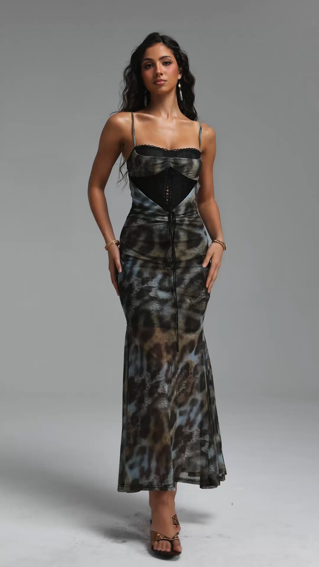 Winey Sexy Contour Sleeveless Leopard Print Mesh Maxi Dress