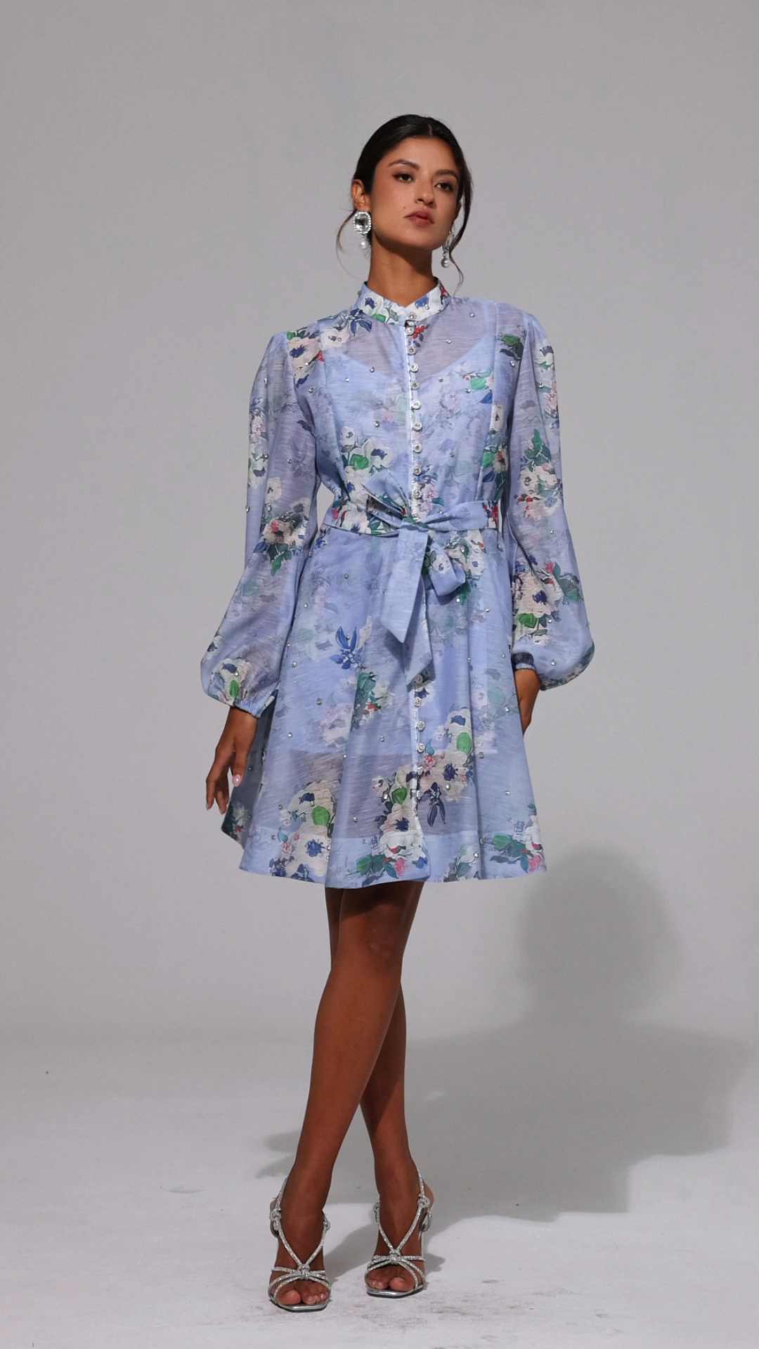 Riza Diamond Floral Printed Long Sleeves Mini Dress