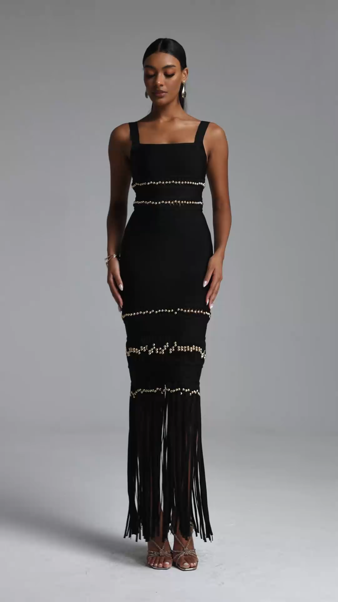 Shanley Chic Contour Sleeveless Beaded Fringe Black Bandage Maxi Dress