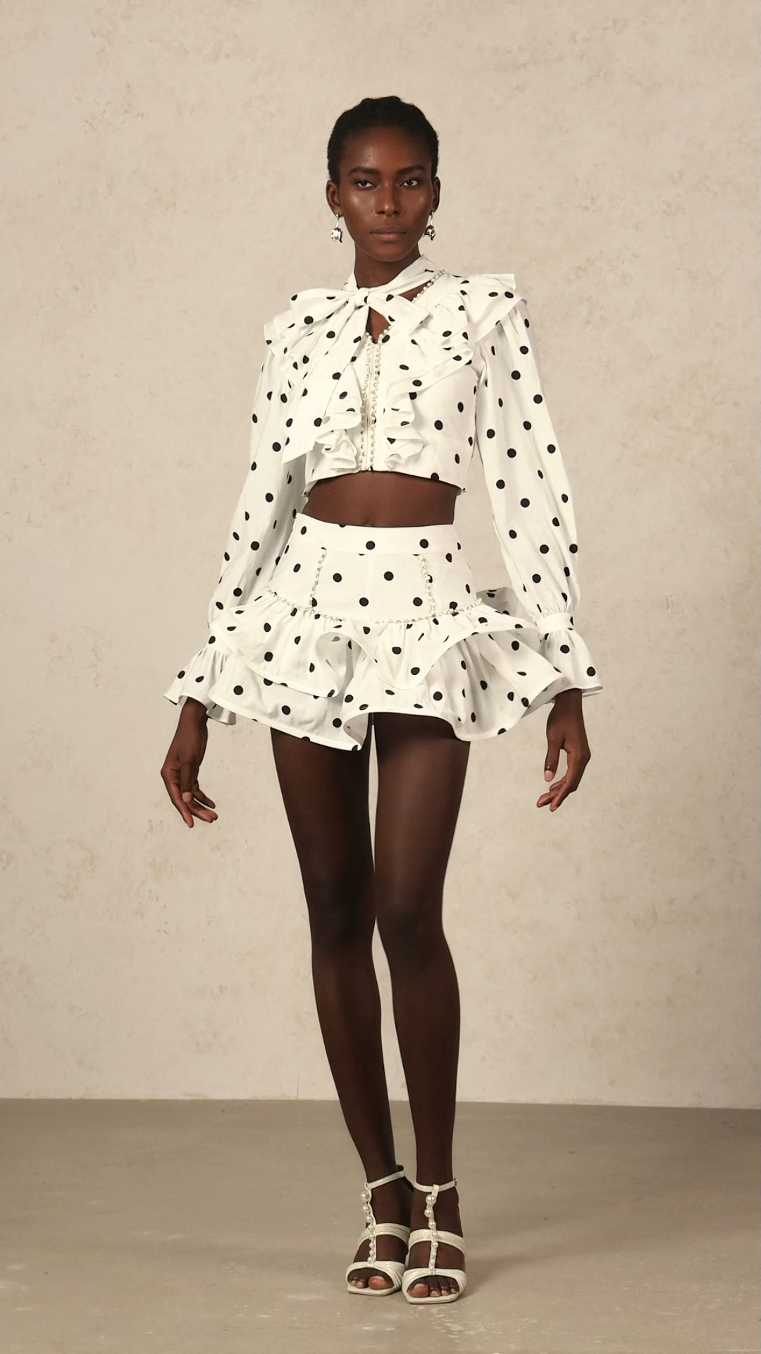 Nialla Long Sleeves Dot Printed Pearl Folds Bowknot Top And Skirt Two-Piece Set