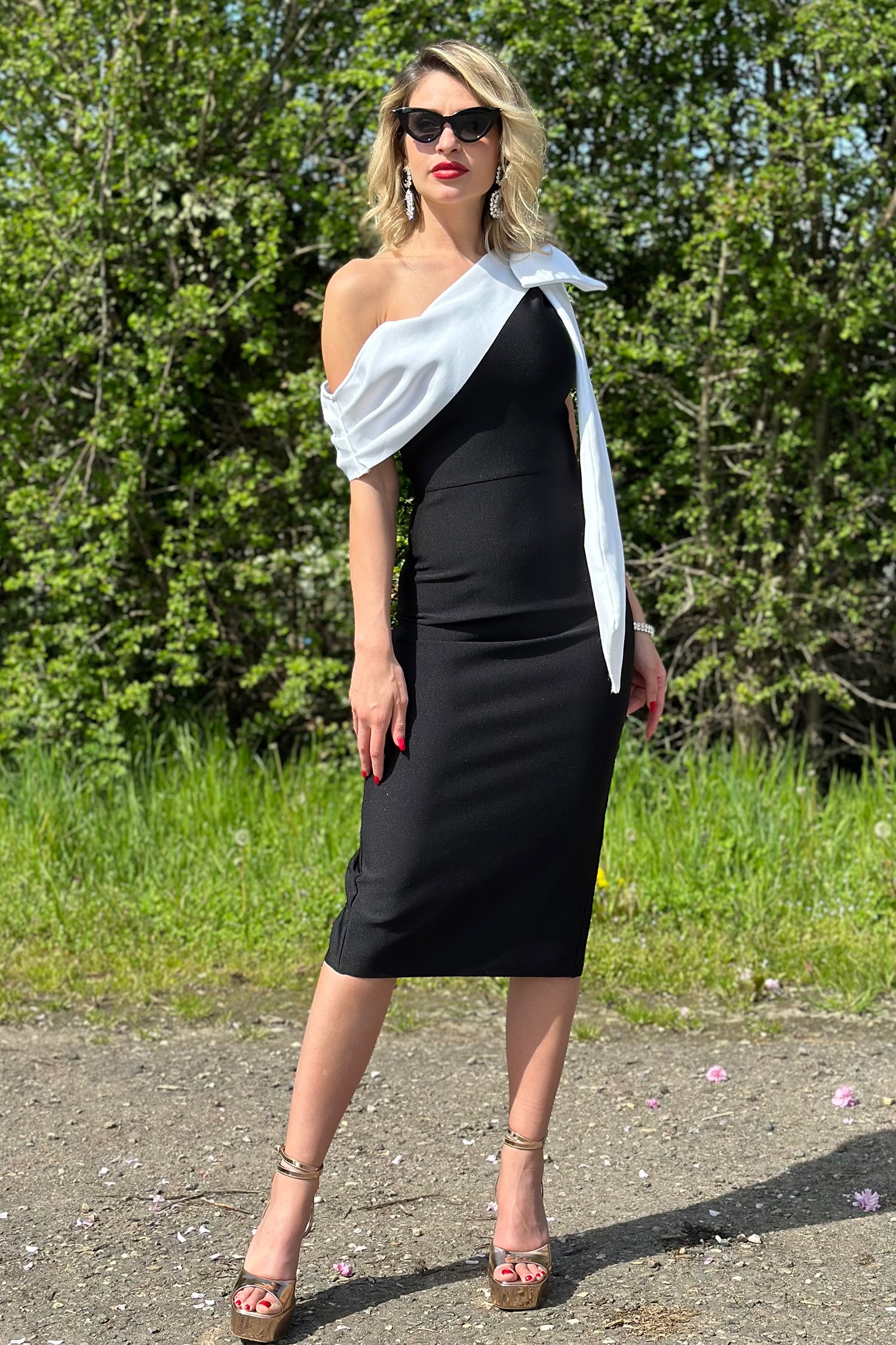 Drape One Shoulder Midi Bandage Dress - Black