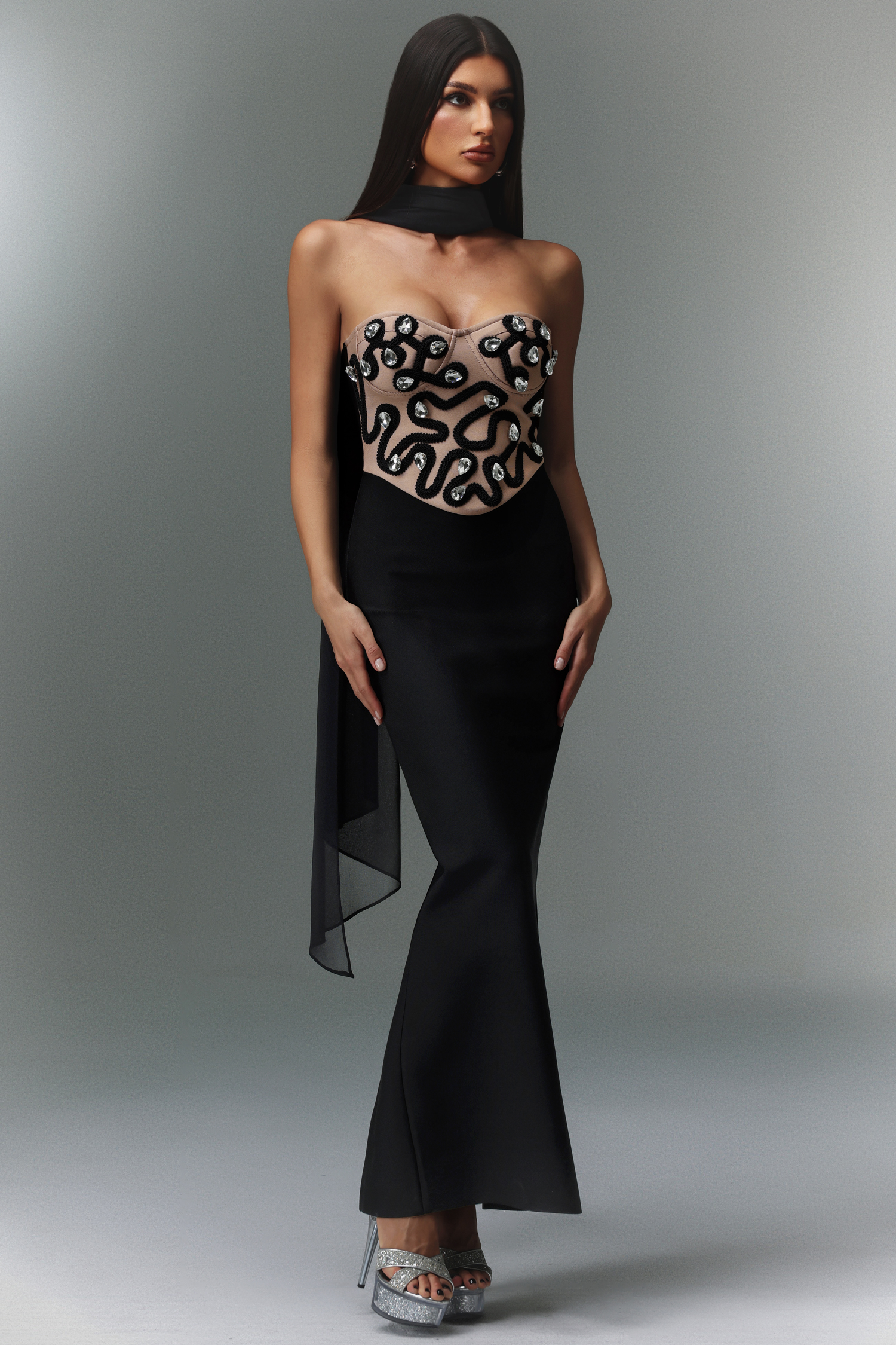 Rita Sleeveless Diamond Ribbon Bandage Maxi Dress