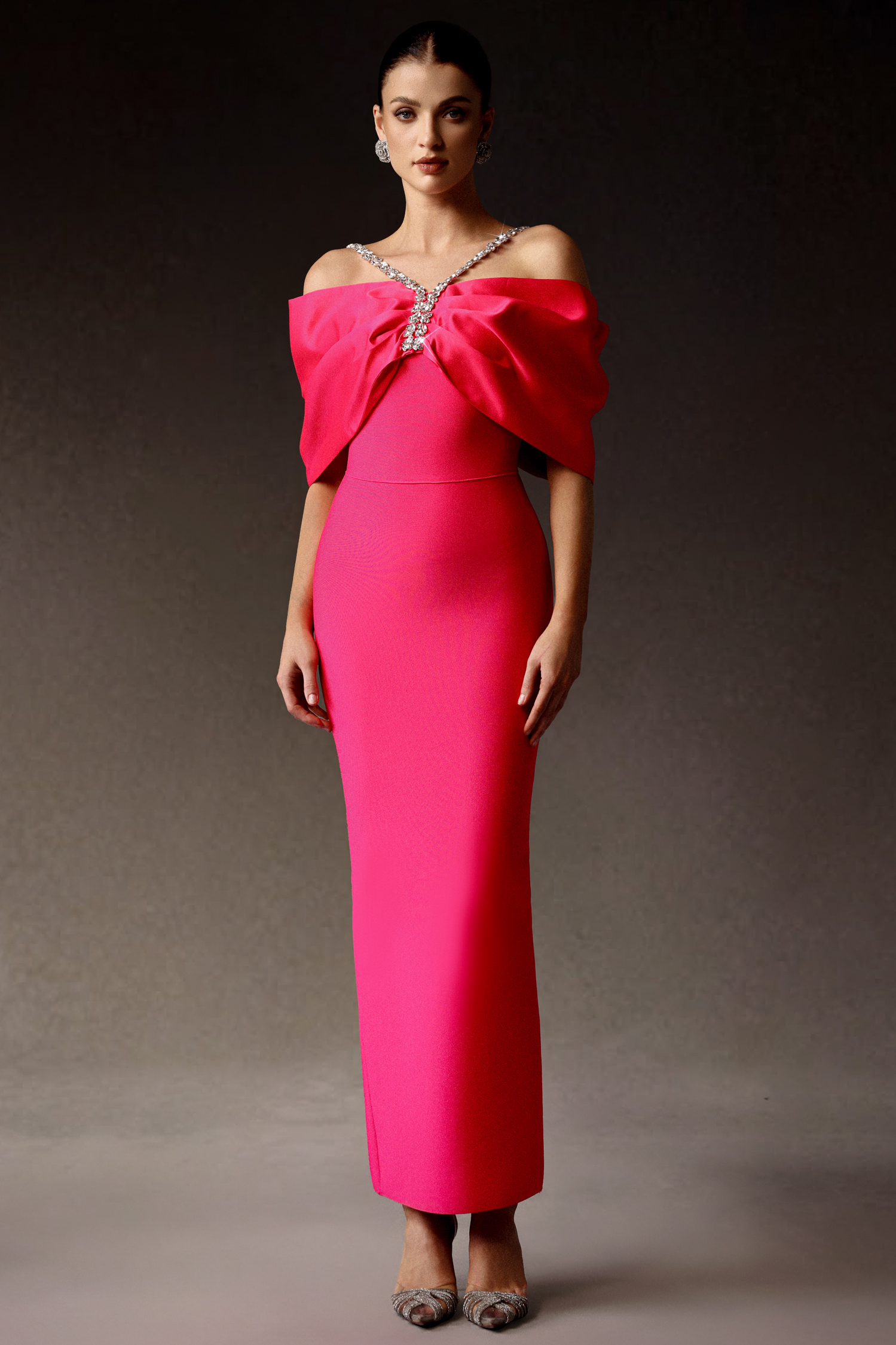 Ginny Off-The-Shoulder Diamond Bandage Maxi Dress