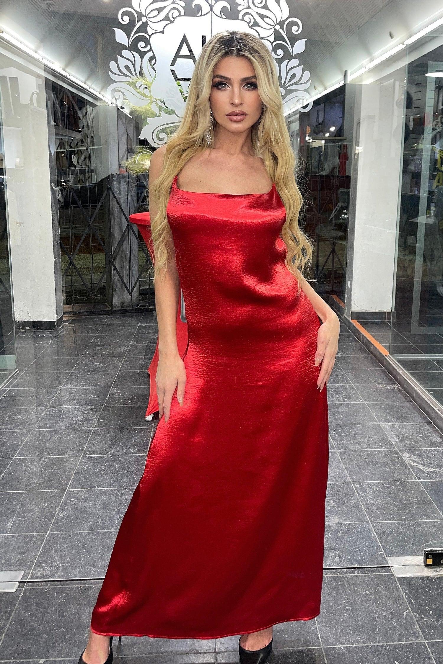 Satin Cowl Neck Maxi Dress - Red - Bellabarnett