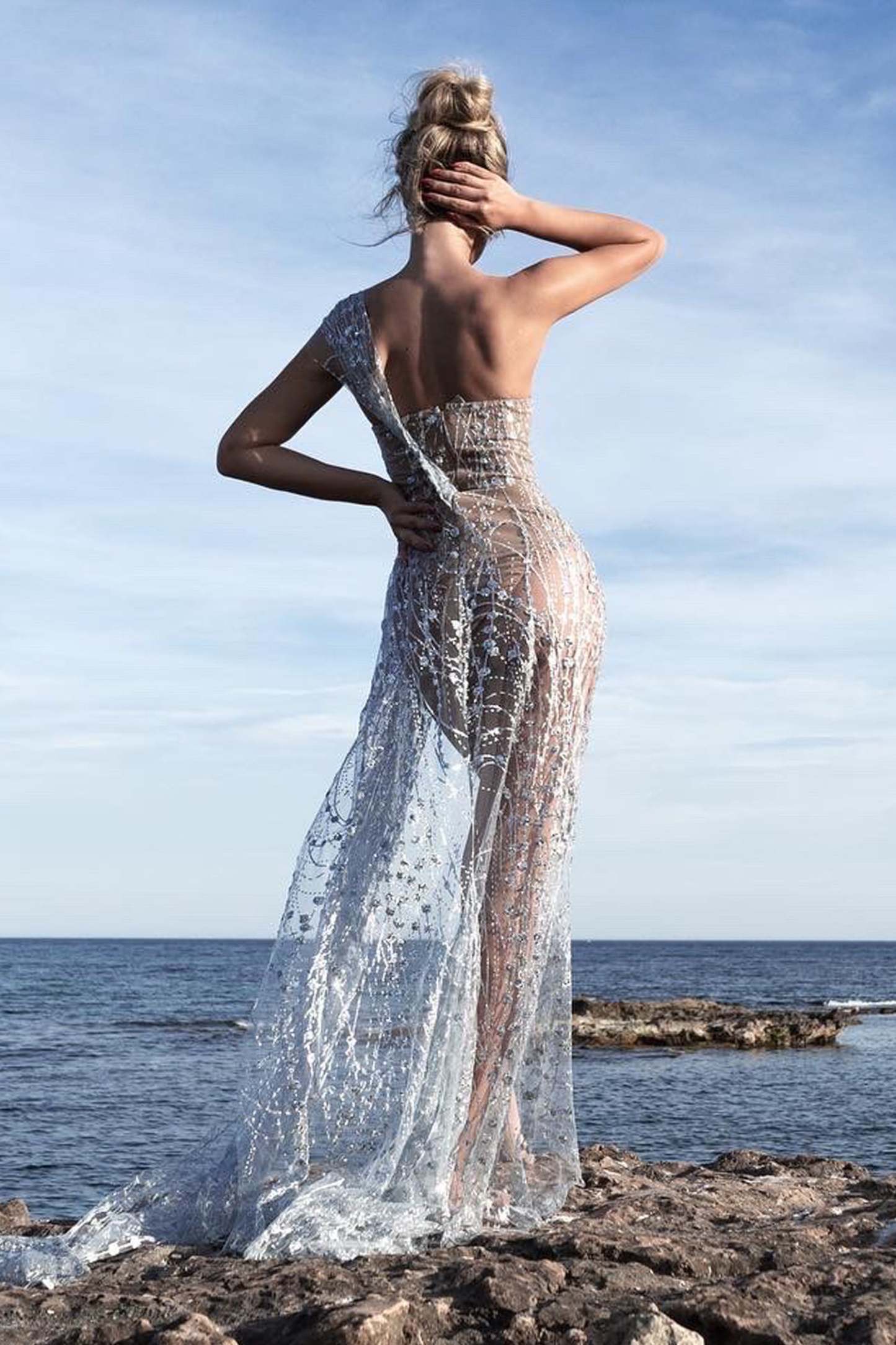 Glitter Sequin Mesh Slit Maxi Dress