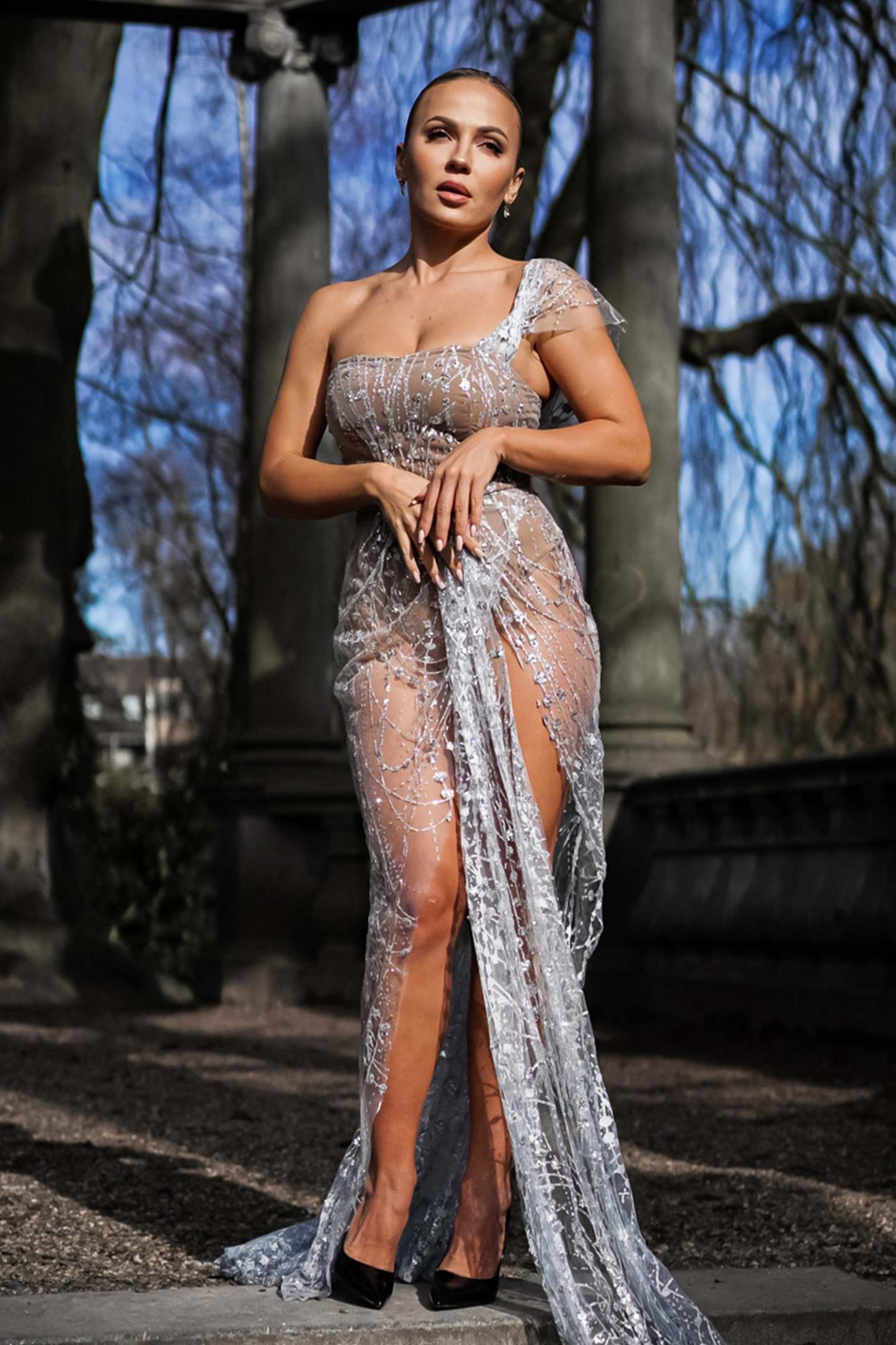 Glitter Sequin Mesh Slit Maxi Dress