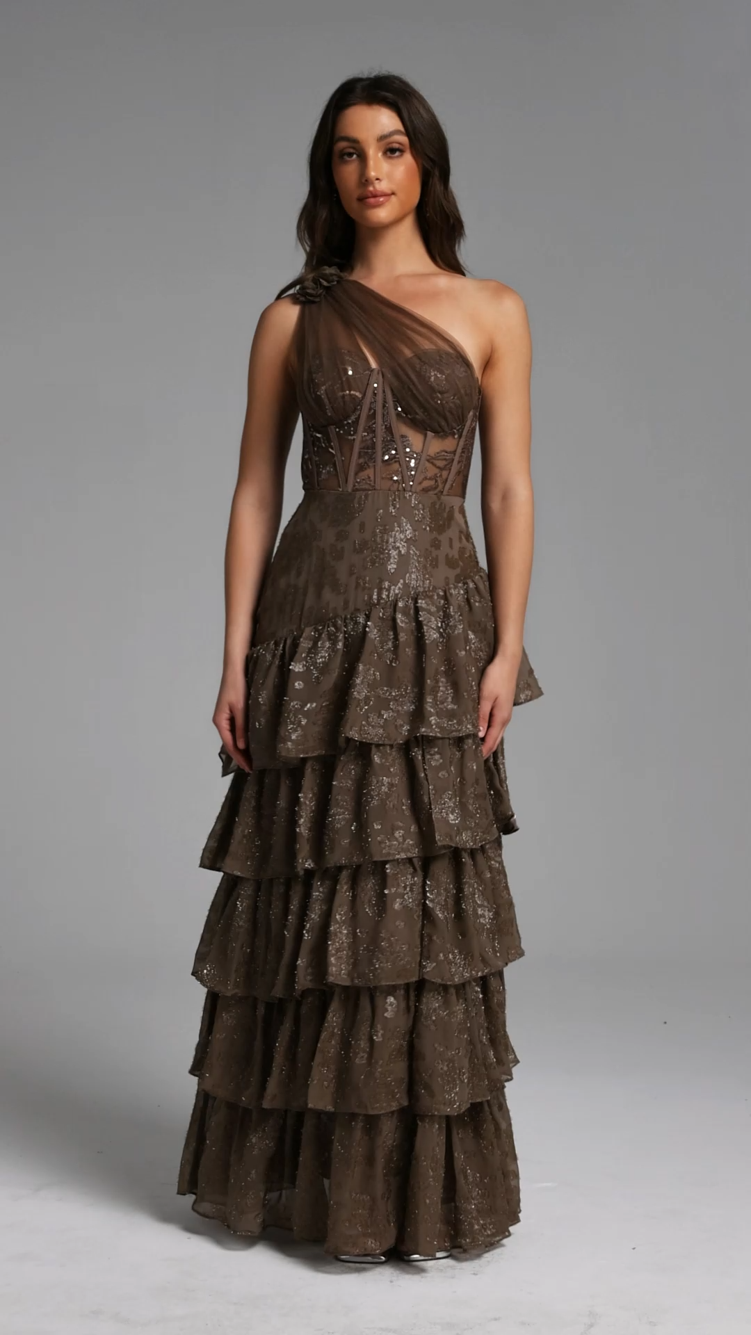 Hedar Romantic Tailored One Shoulder Cut Out Ruffle Embellished Sequin Maxi Dress