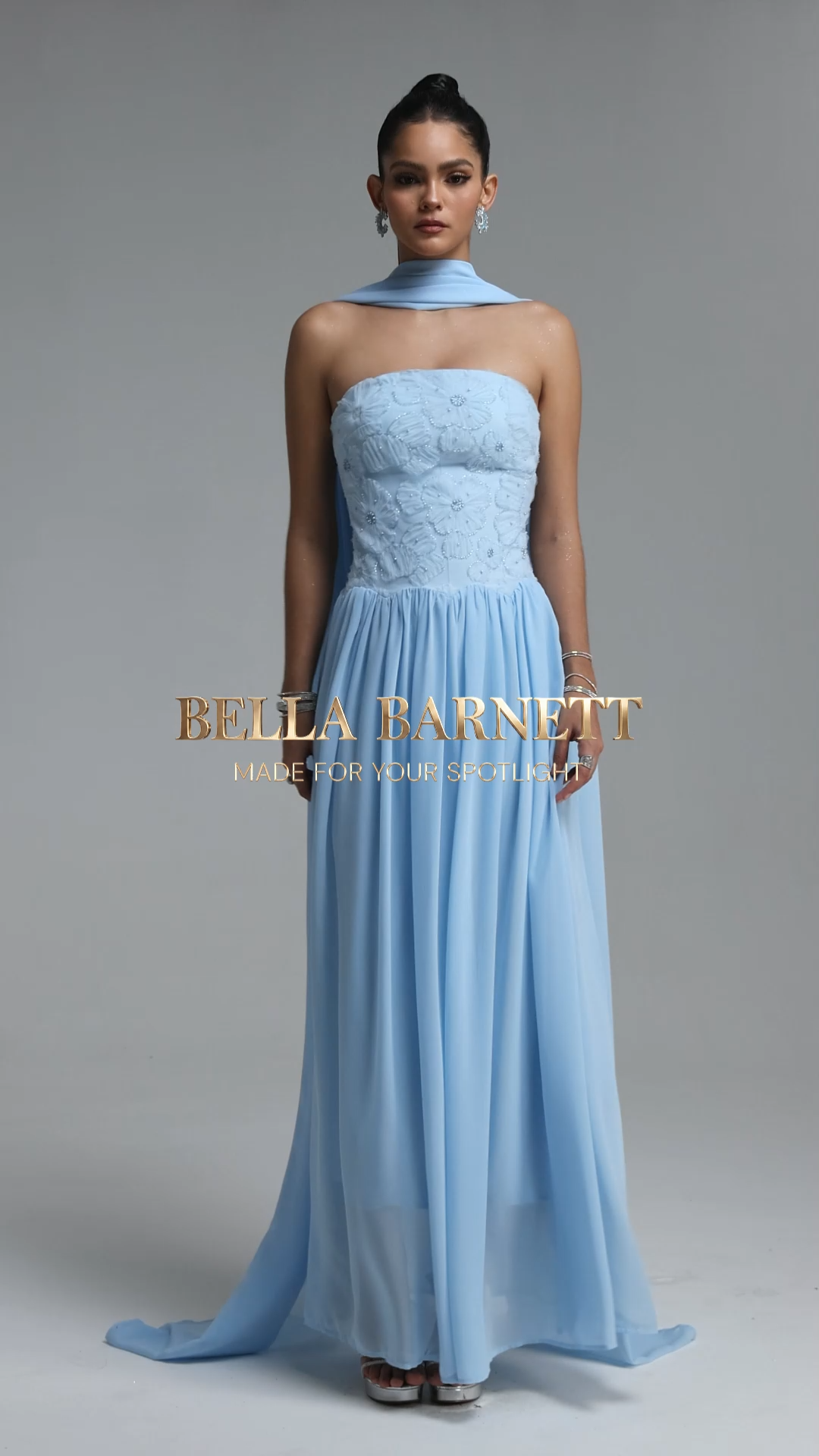Lacai Elegant Strapless Floral Embroidered Chiffon Maxi Dress