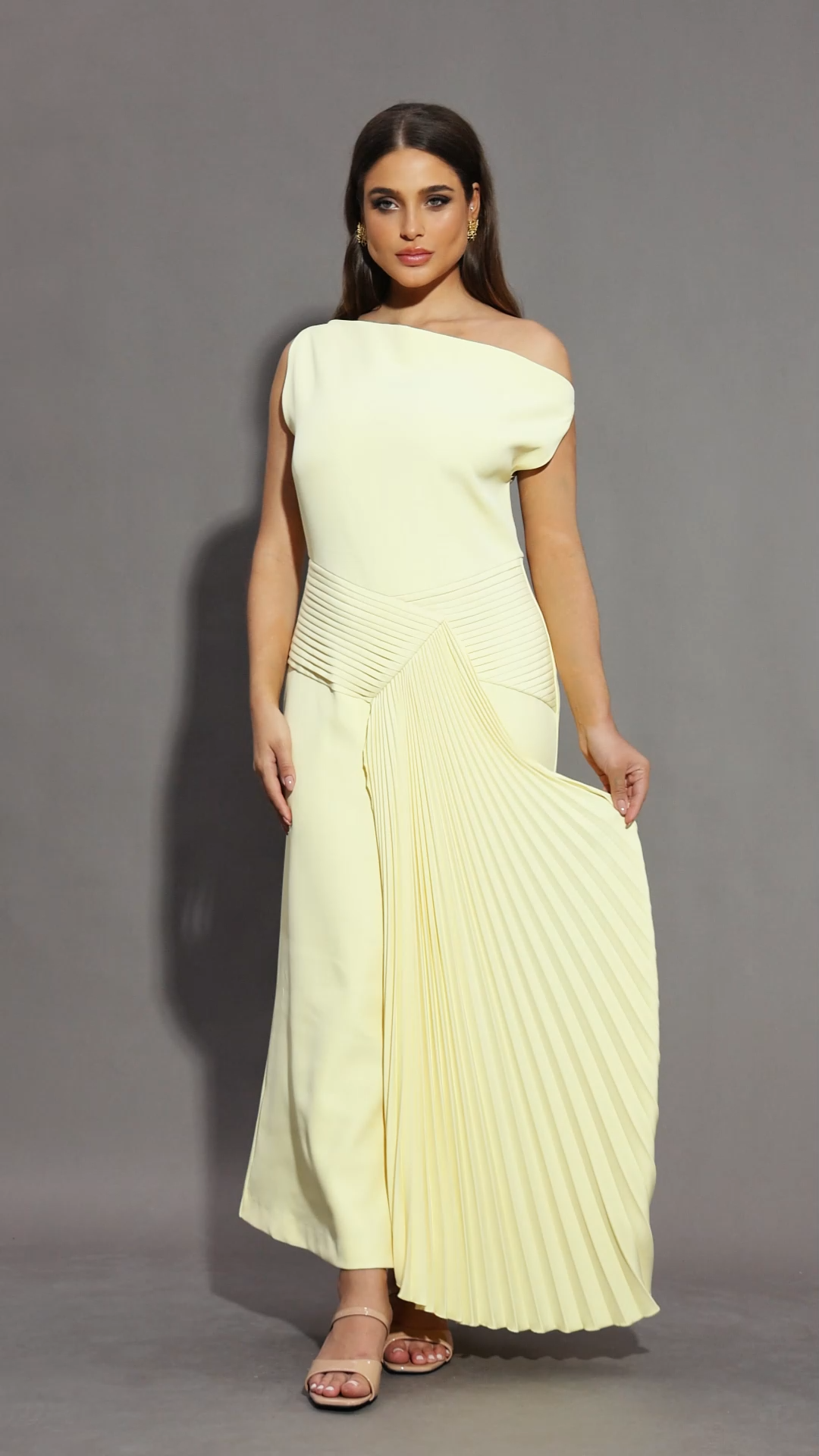Paulina Oblique Shoulder Sleeveless Folds Yellow Midi Dress