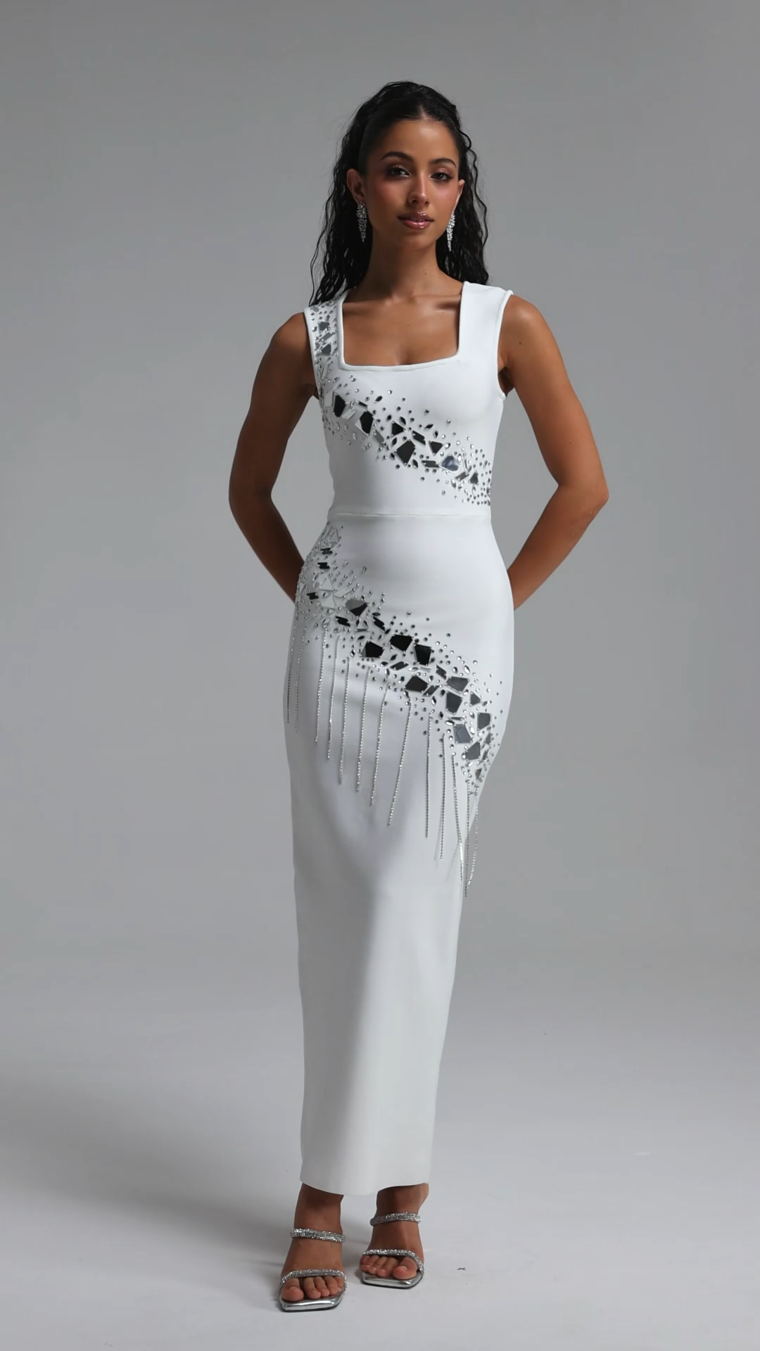 Estella Luxury Sleeveless Square Neck Mirror Rhinestone Fringe Bandage Maxi Dress
