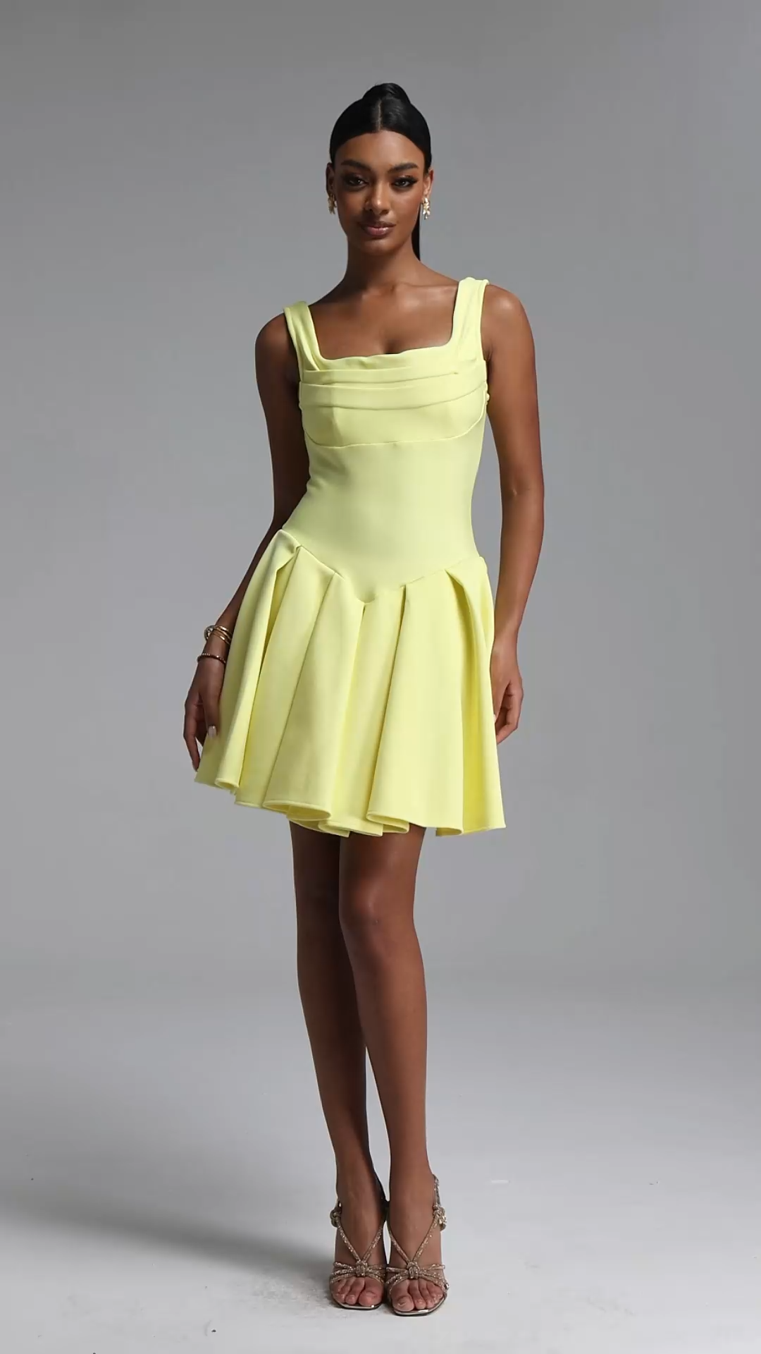 Wynter Elegant Contour Wide Strap Square Neck Pleated Skater Bandage Mini Dress