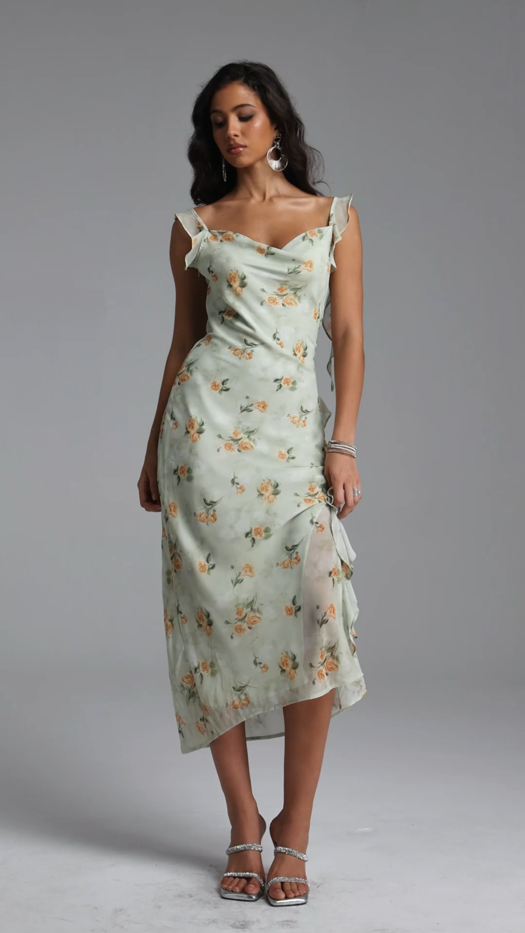 Geraldine Romantic Cinched Sleeveless Ruffle Floral Print Woven Maxi Dress