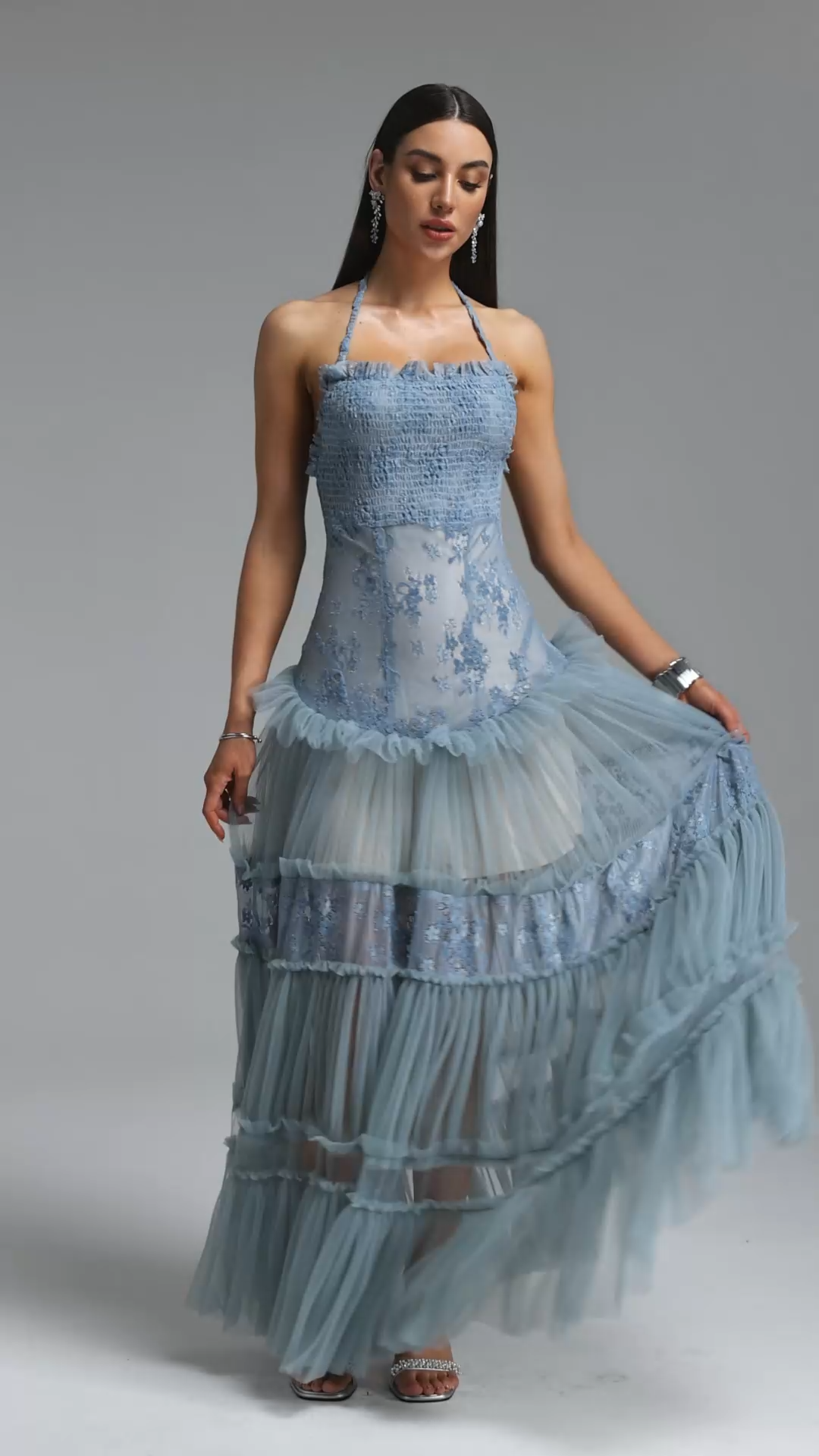 Stacy Romantic Contour Halter Floral Lace Tulle Maxi Blue Dress