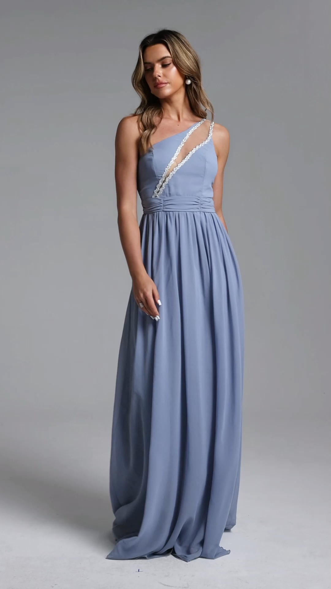 Ereen Elegant Contour One Shoulder Cut Out Pleated Woven Maxi Dress