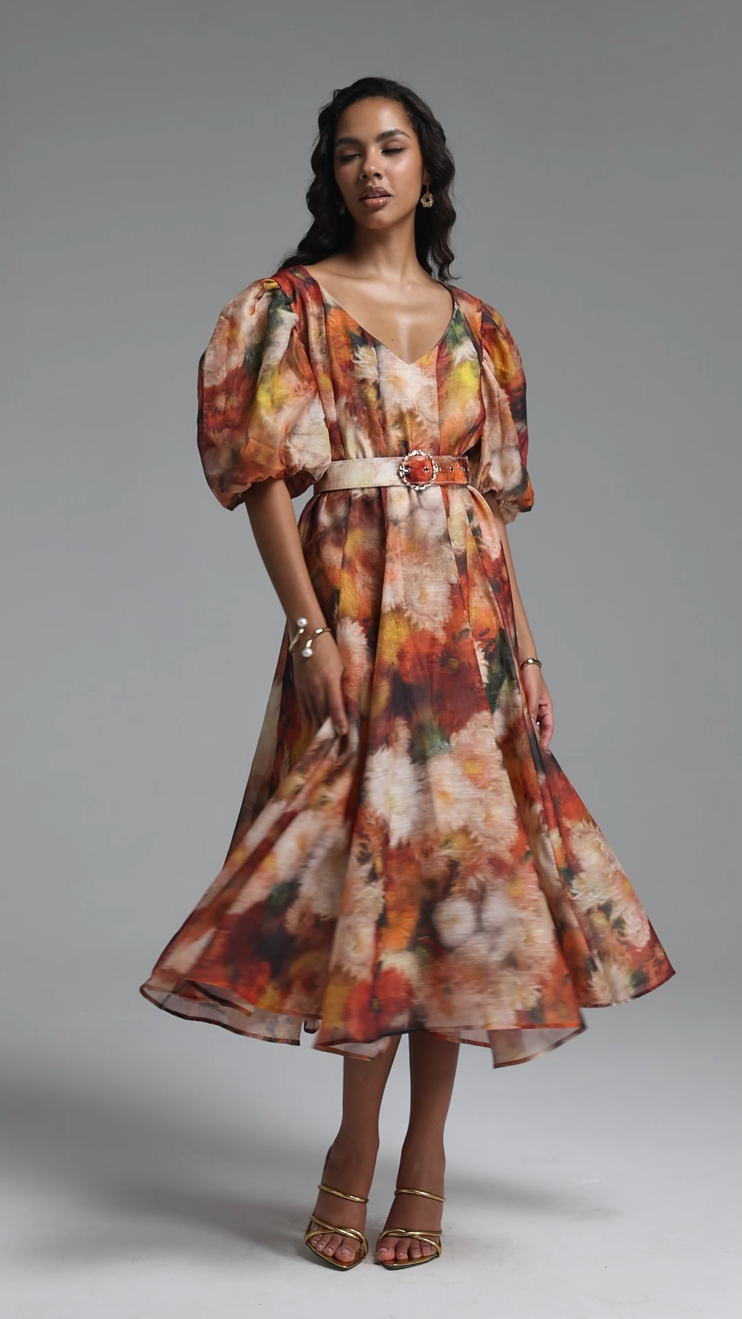 Shera Resort Flowy V Neck Puff Sleeve Floral Print Woven Maxi Dress