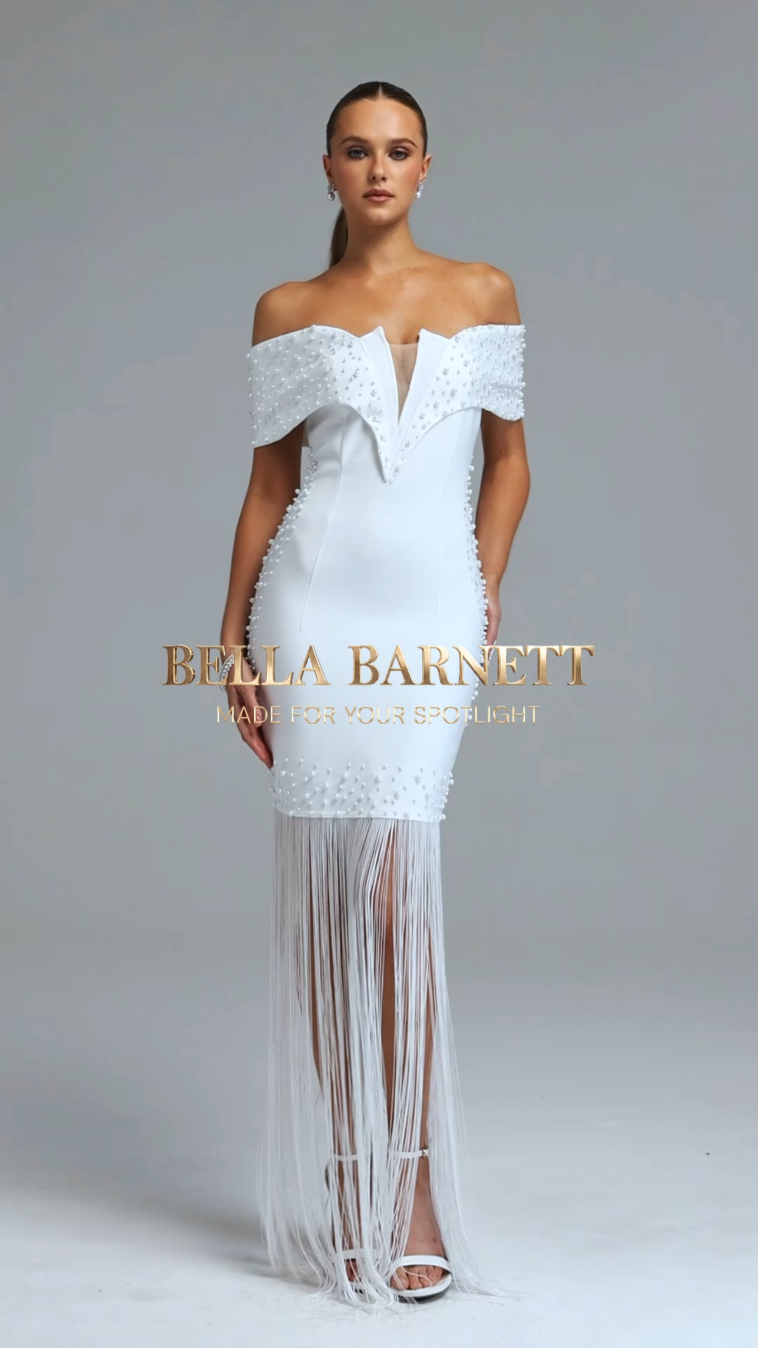 Sliye Elegant Cinched Waist Off Shoulder V Neck Pearl Tassel Bandage Maxi Dress