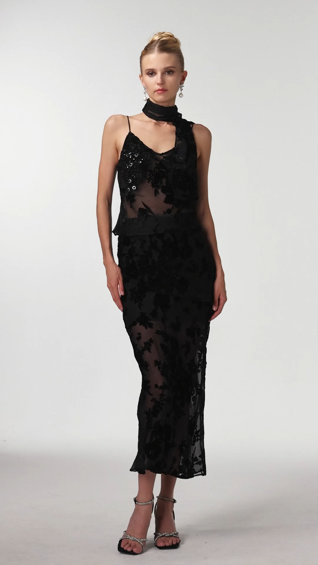 Ogani Sexy Embellished Sleeveless Jacquard Mesh Two Piece Set