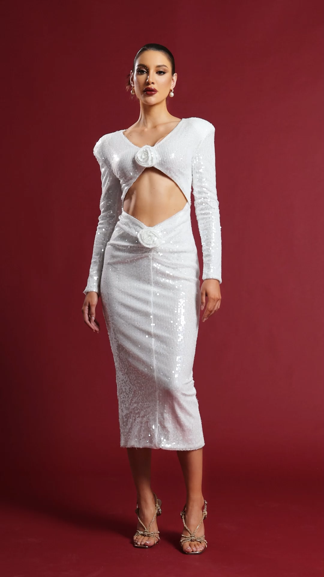 Romia Romantic Embellished Long Sleeve Cut Out Sequin Maxi Dress