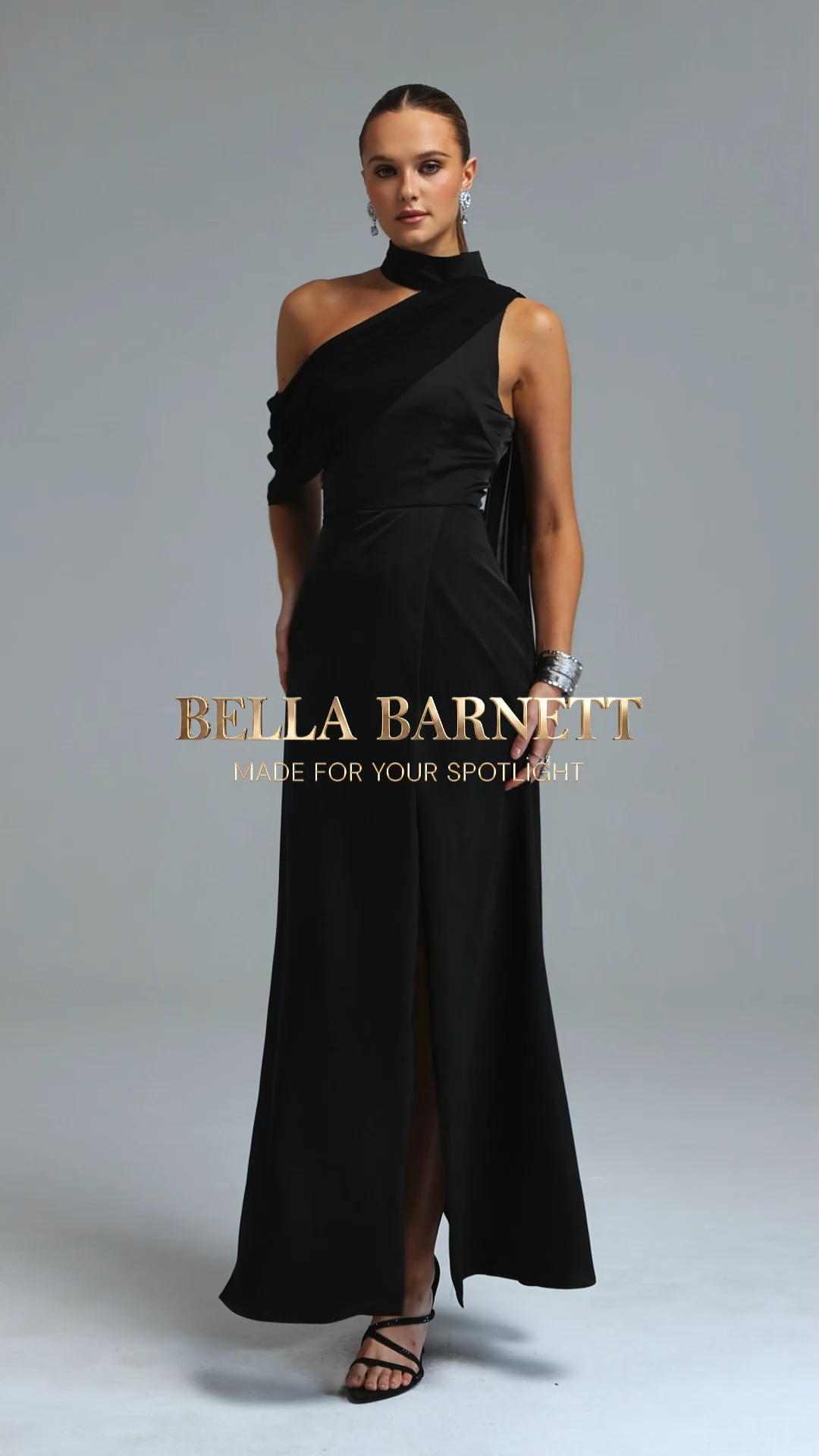 Kailani Chic Flowy High Neck One Shoulder Pleated High Slit Satin Black Maxi Dress