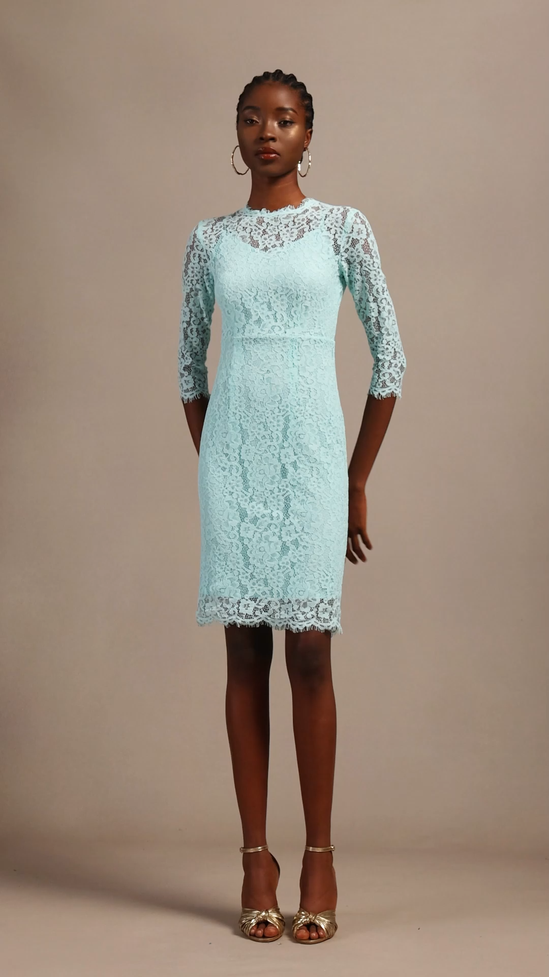 Kezia Elegant Tailored Round Neck Long Sleeve Floral Lace Midi Dress