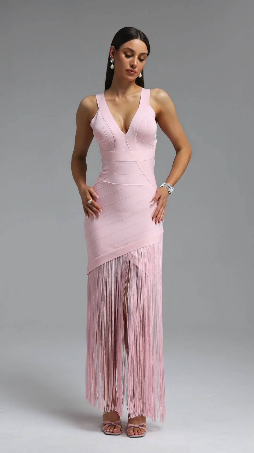 Emma Chic Contour V Neck Sleeveless Fringe Pink Bandage Maxi Dress