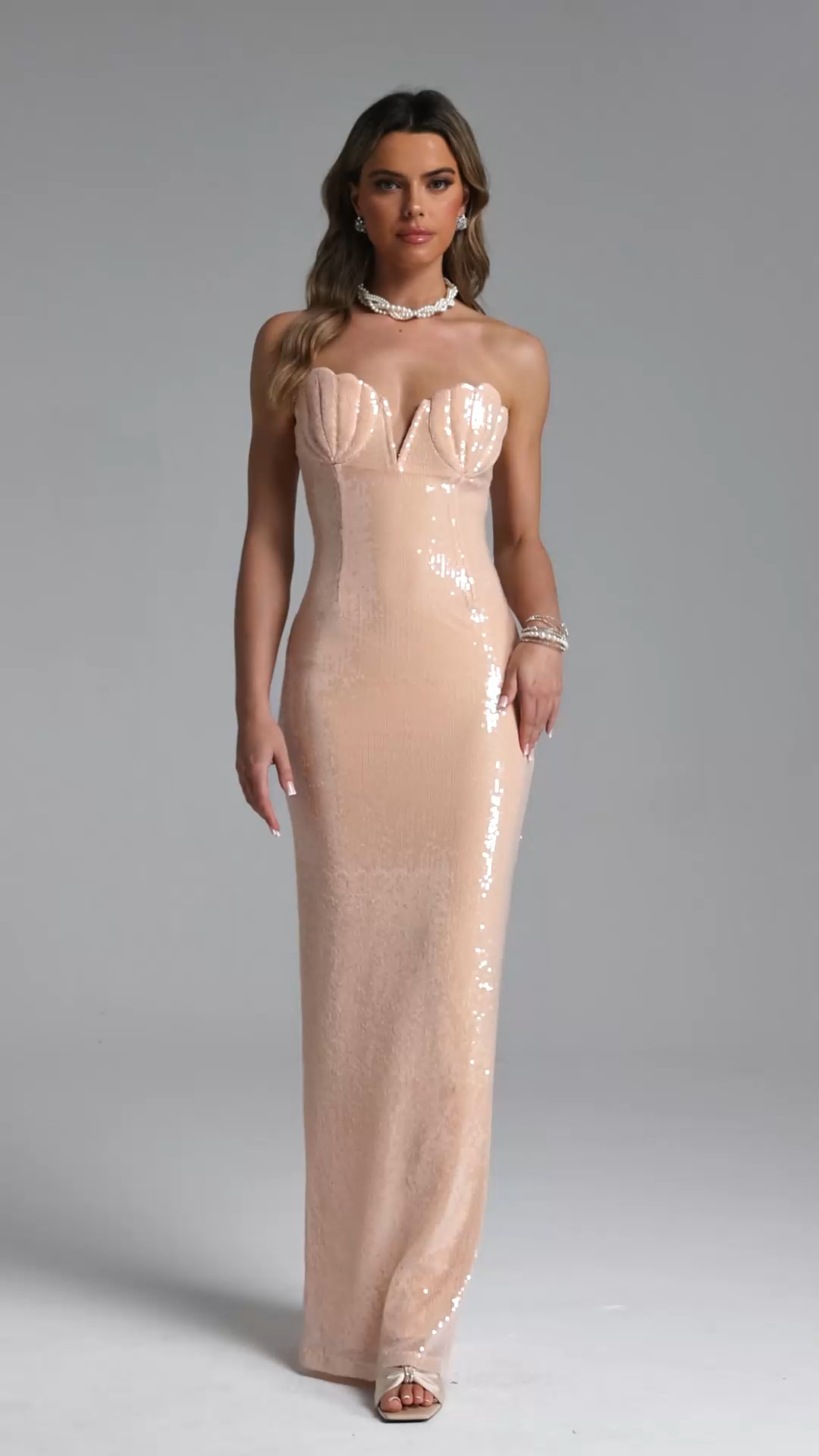 Kirara Chic Contour Strapless Shell Sequin Maxi Dress