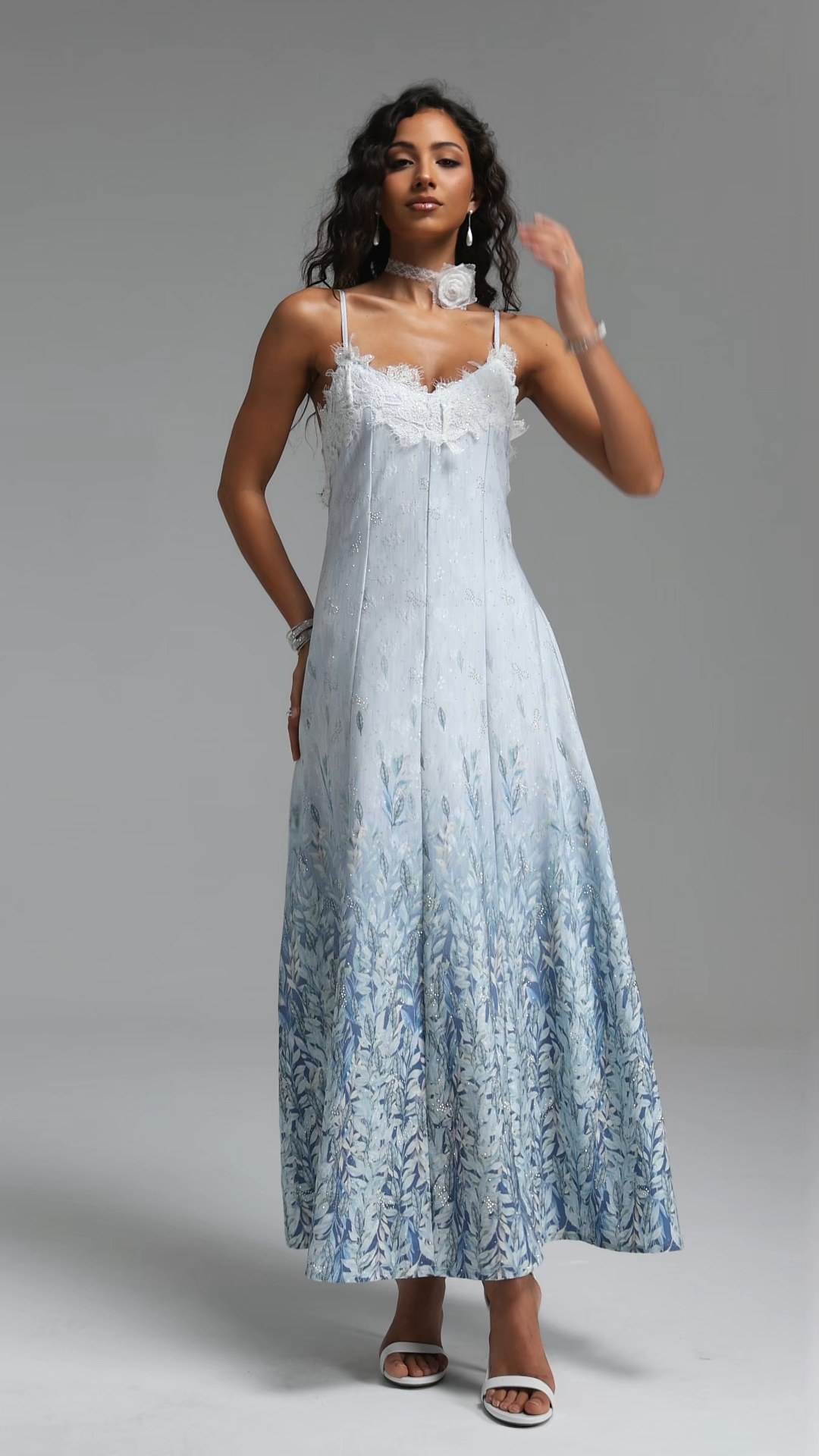 Lape Elegant Tailored Sleeveless Lace Floral Print Rhinestone Woven Maxi Dress