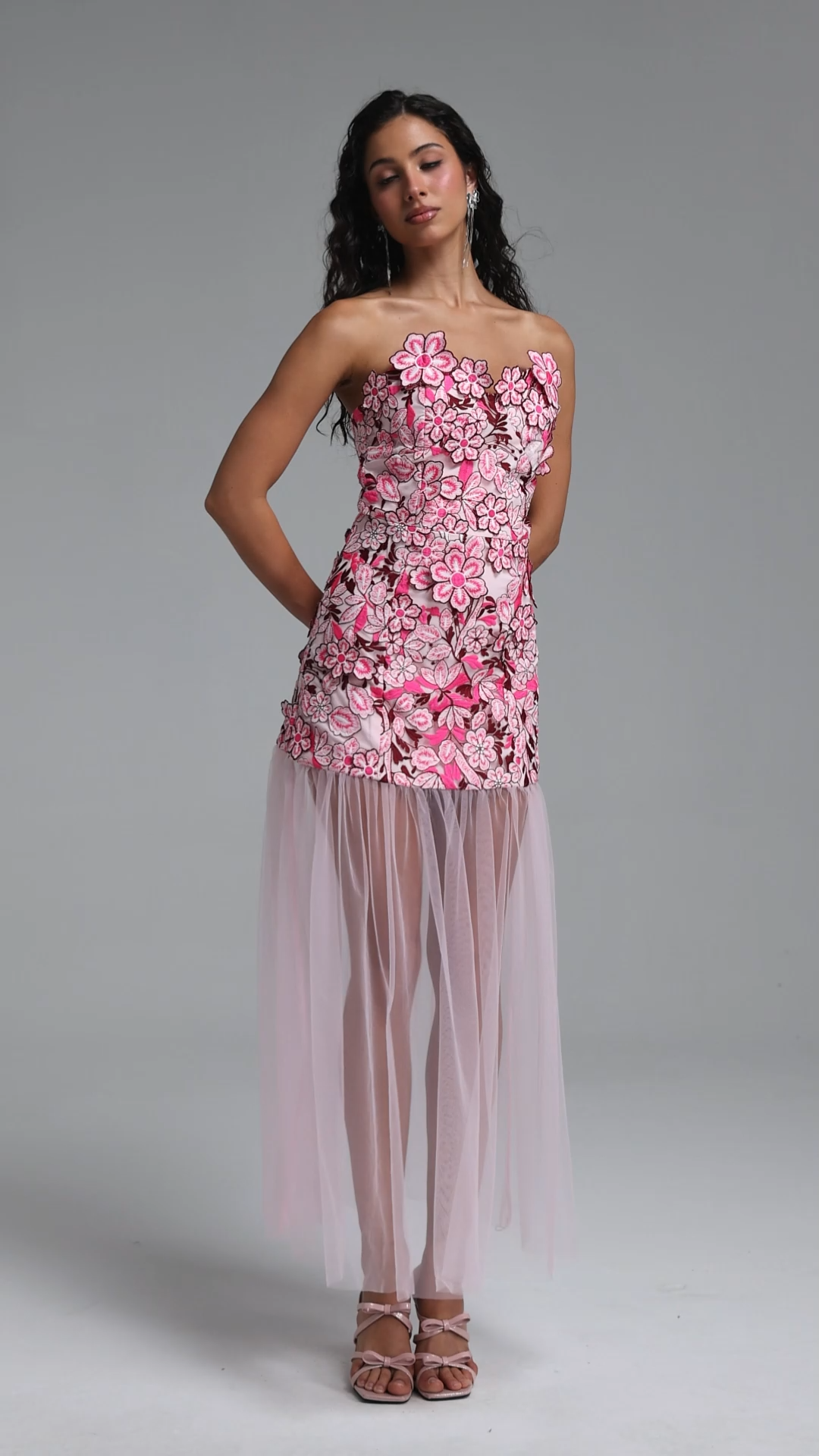 Raxa Exquisite Cinched-Waist Embroidered Floral Midi Dress