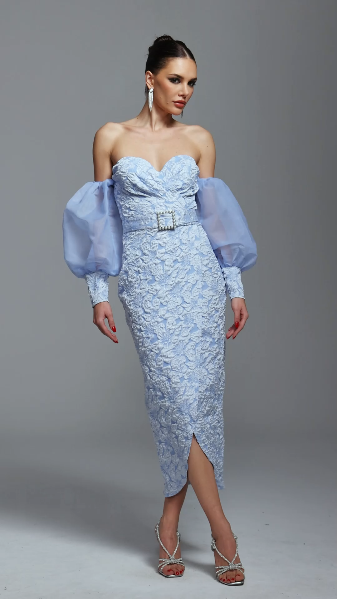 Tini Romantic Textured Strapless Sheer Sleeve Floral Maxi Dress