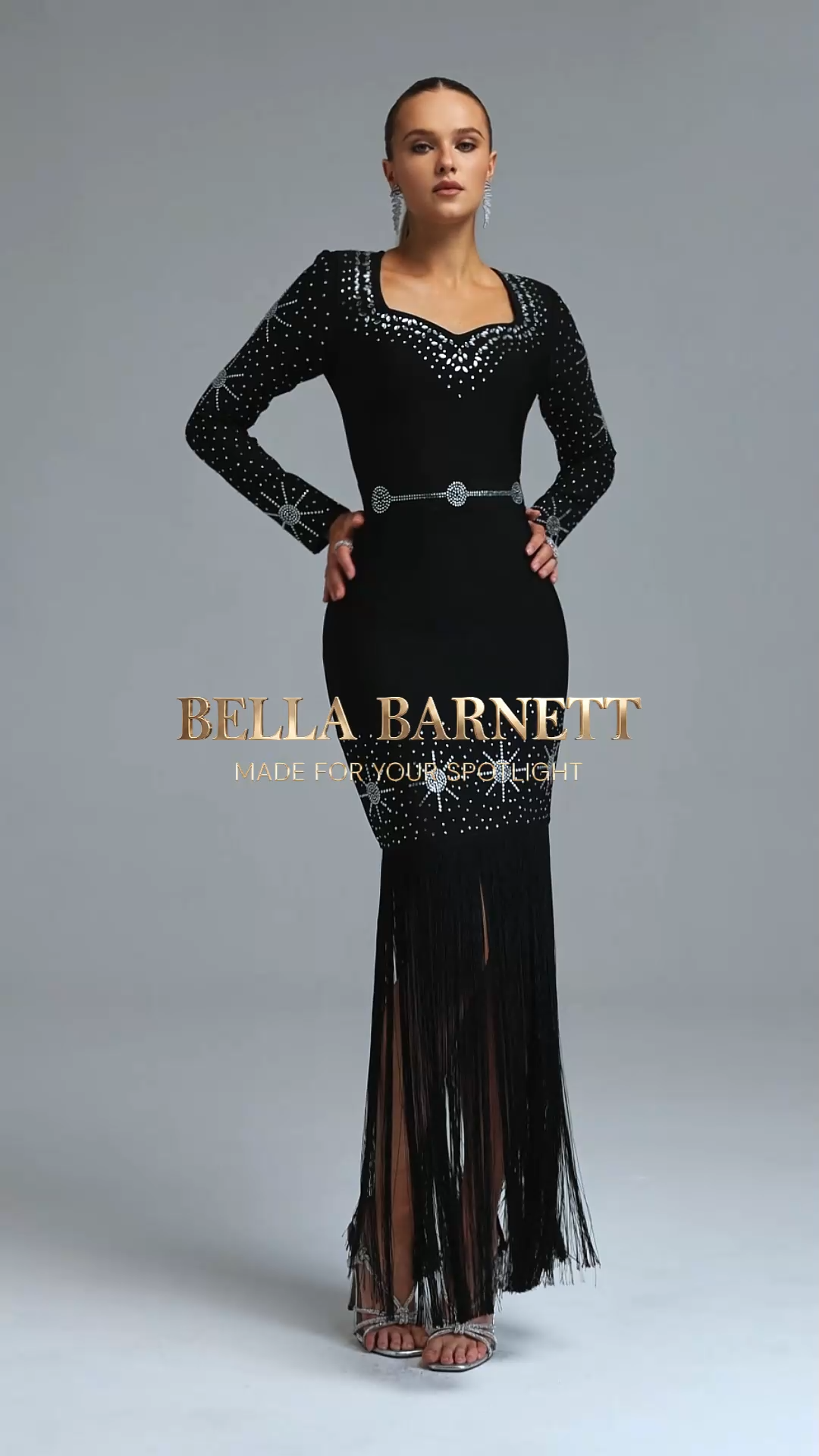 Grinin Elegant Cinched Waist Long Sleeve Rhinestone Pattern Tassel Bandage Maxi Dress