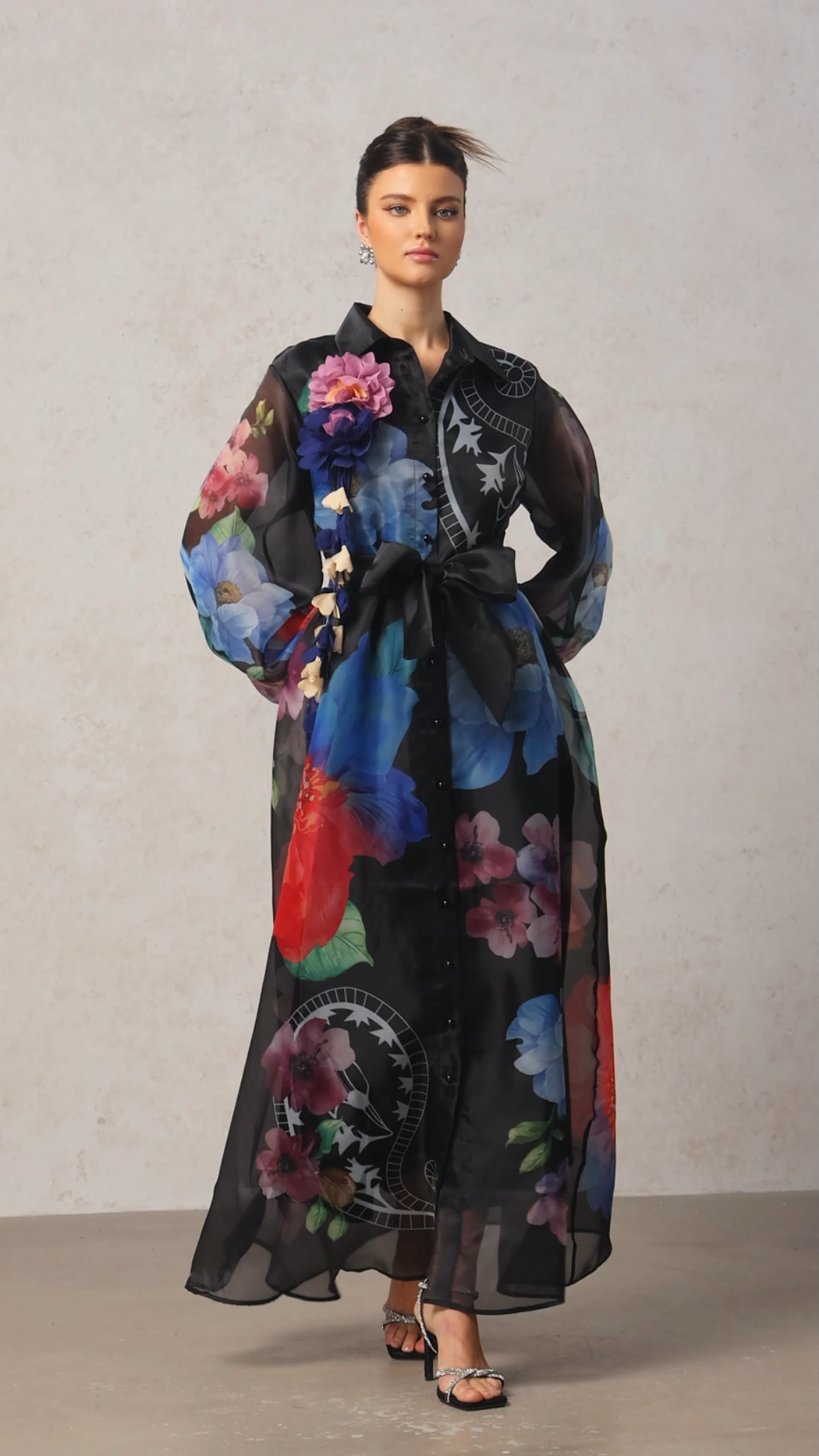 Farrah Lapel Long Sleeves Flowers Printed Maxi Dress