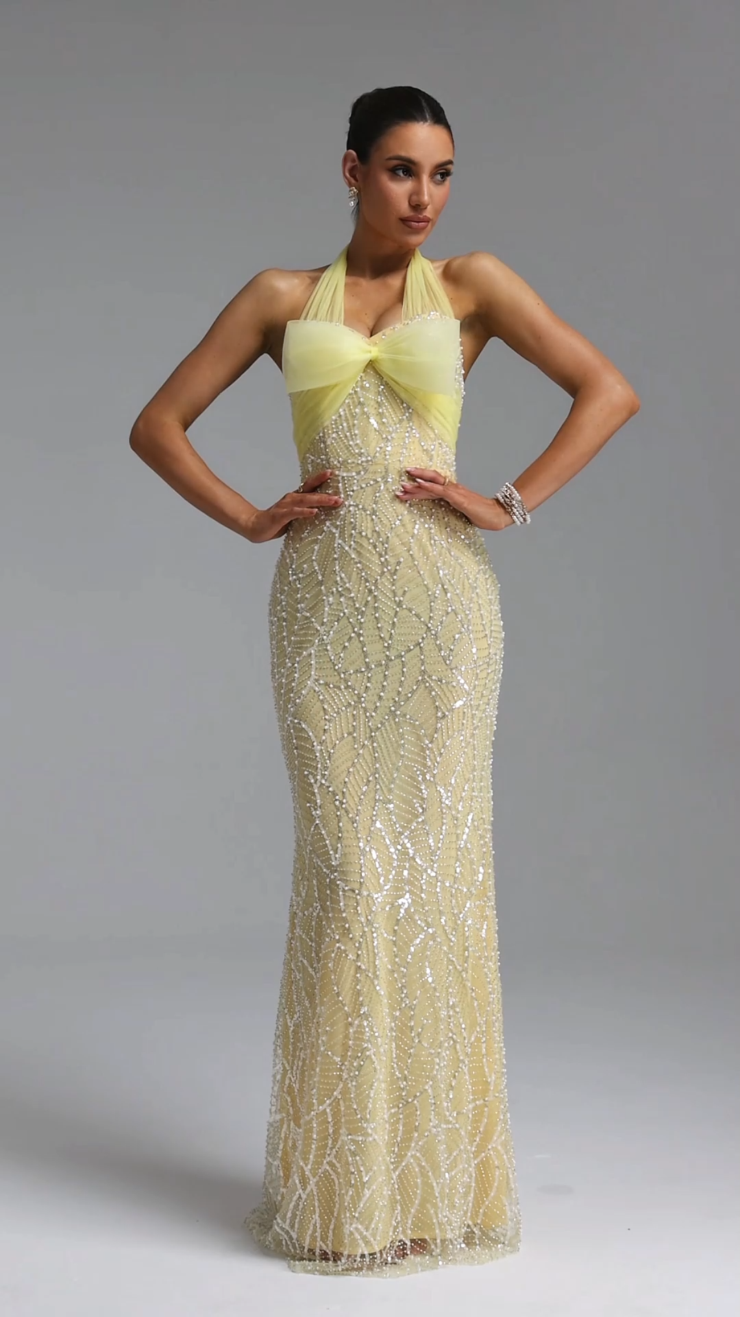Sagoni Elegant Waist-Cinching Halter Mesh Big Bow Leaf Pattern Beaded Sheer Mesh Mermaid Maxi Evening Dress