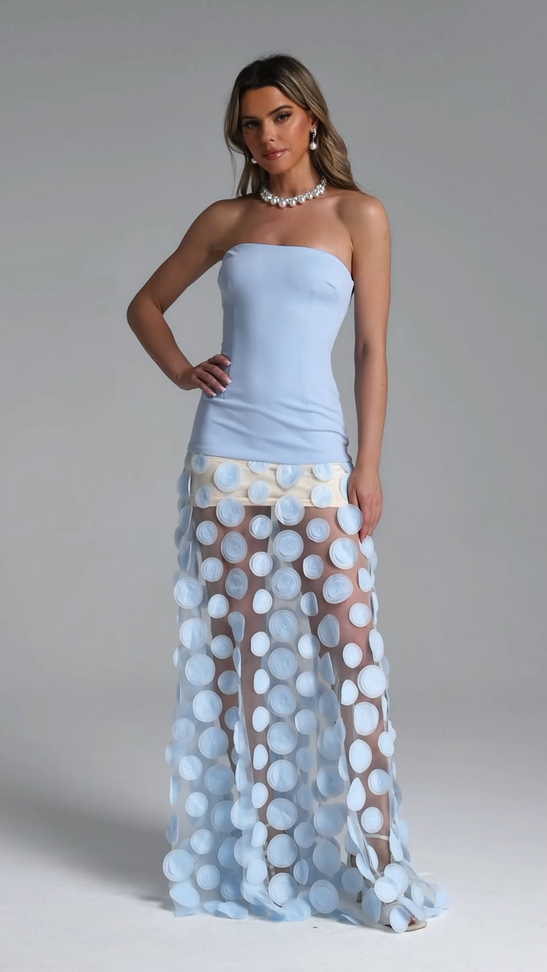 Falzer Sleeveless Netting Wafer Blue Maxi Dress