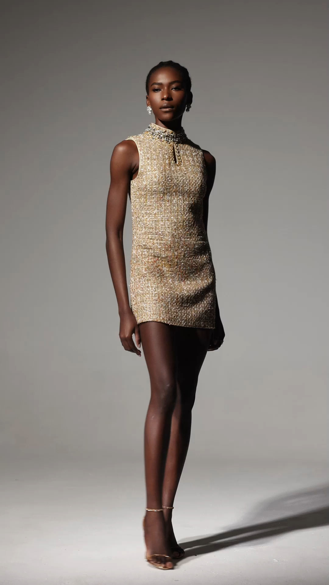 Jillian Diamond Mid-Neck Sleeveless Tweed Mini Dress